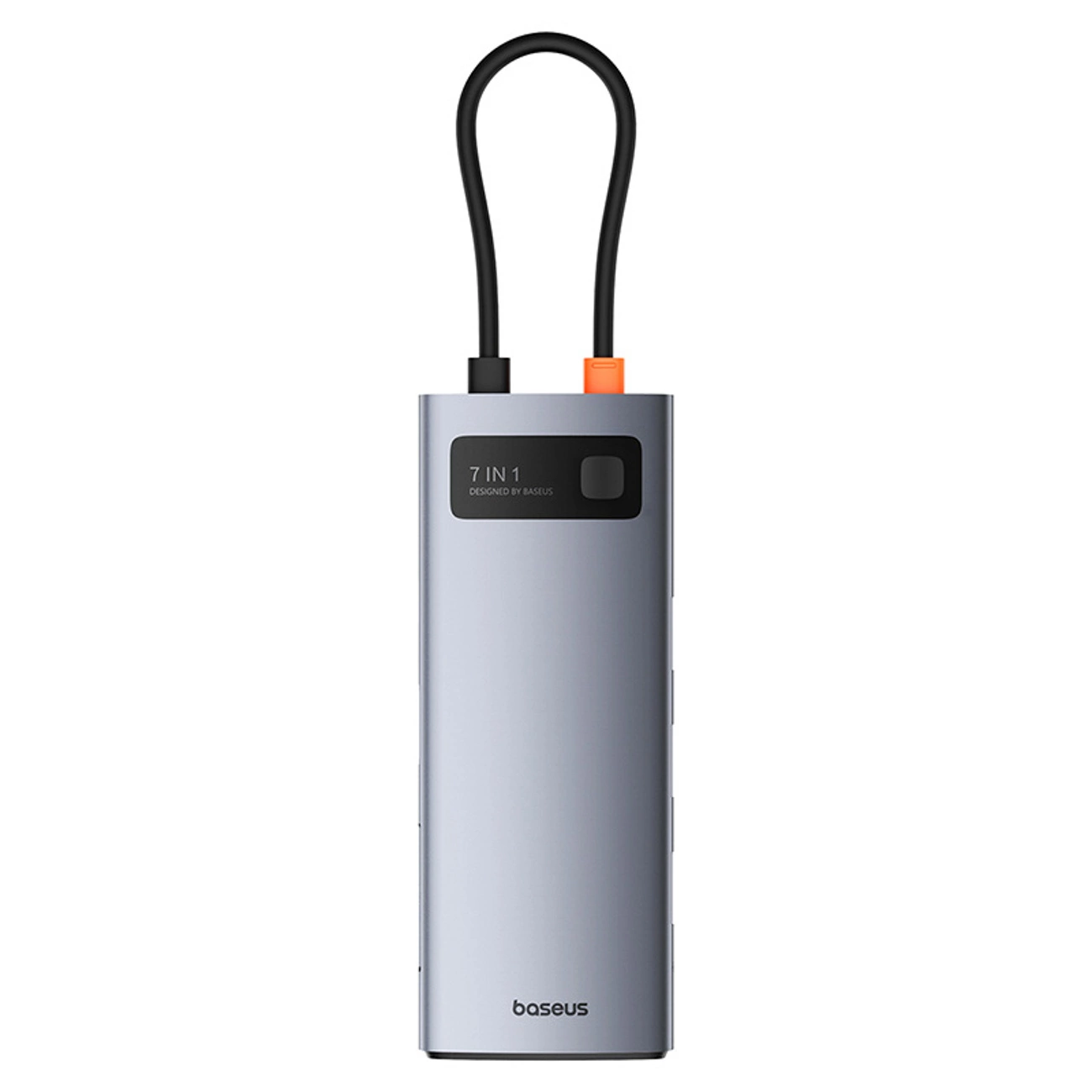 Un hub Baseus grigio 7 in 1 con un cavo USB nero collegato a formare un cappio superiore.