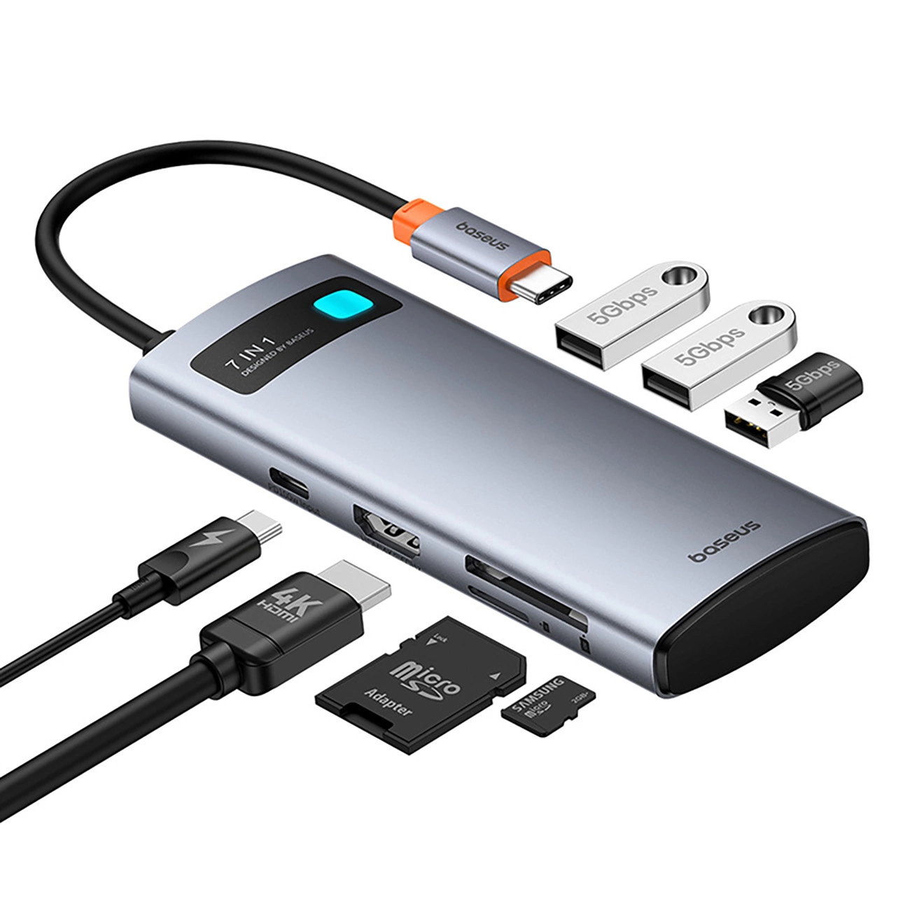Hub USB-C 7 in 1 Baseus grigio con cavo, chiavette USB, schede di memoria e cavi di ricarica su sfondo bianco.