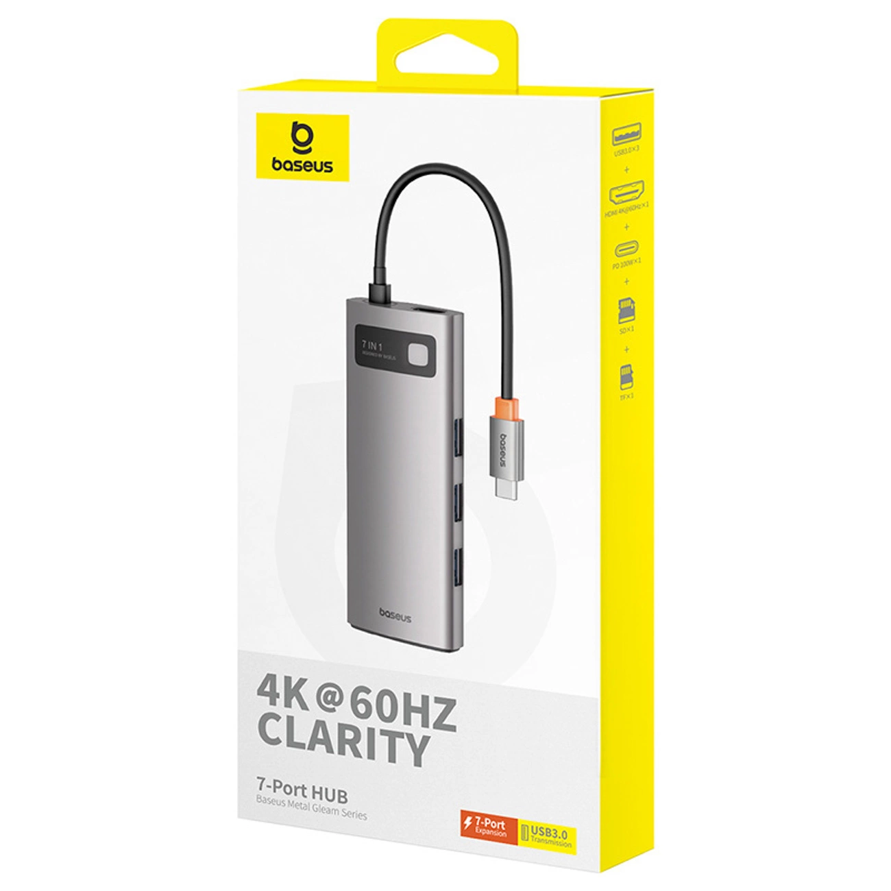 Confezione di un hub USB-C Baseus grigio 7 in 1 con cavo e icone delle porte.