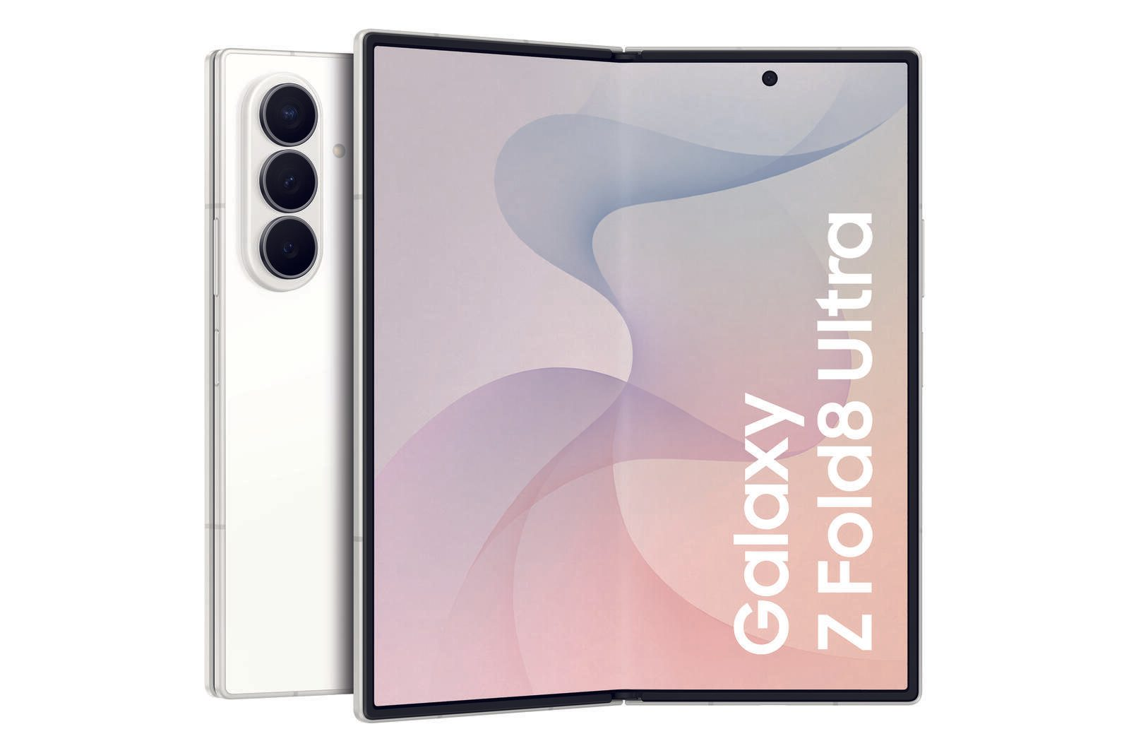 Smartphone plegable blanco con tres cámaras traseras y pantalla desplegada con ondas abstractas.