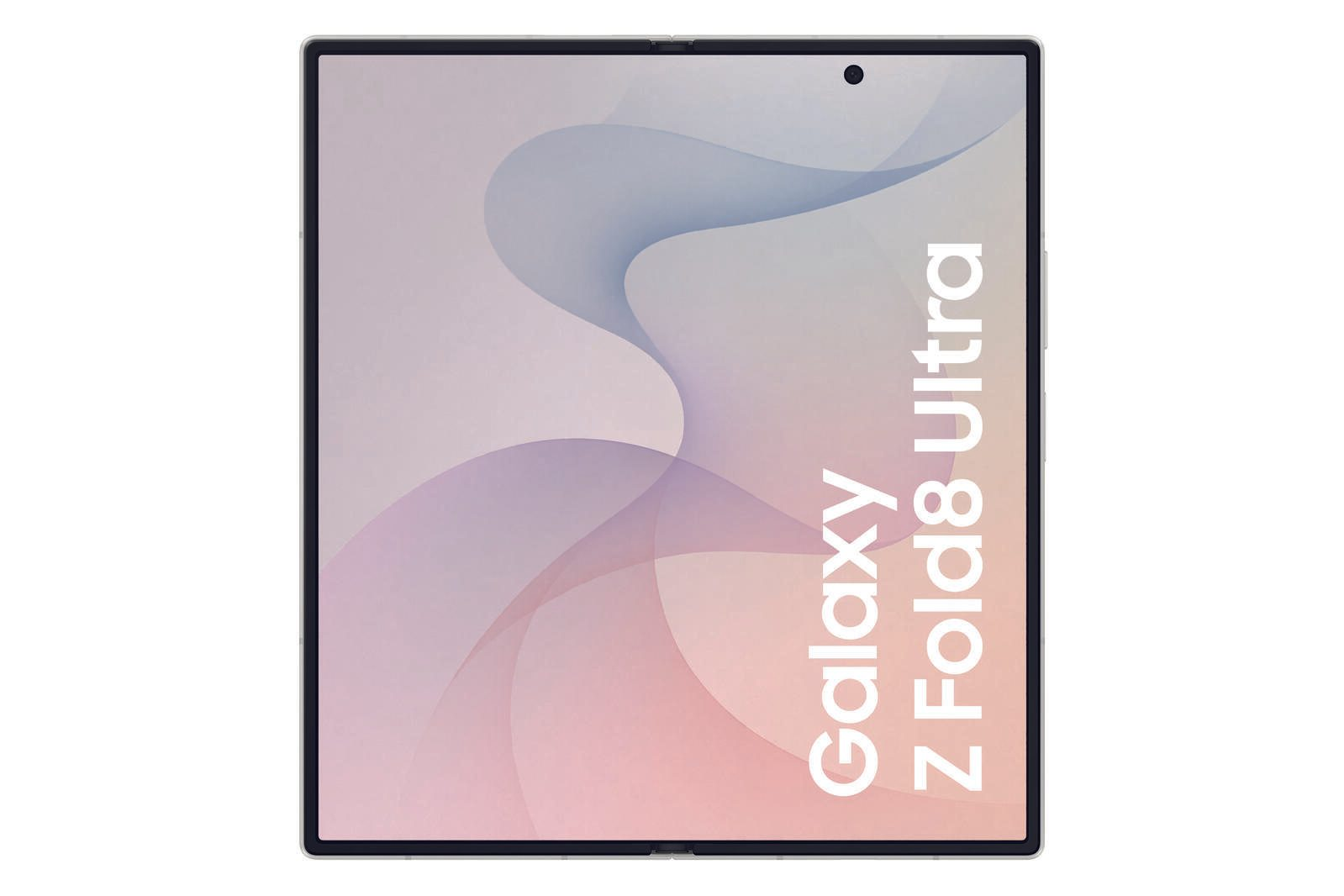 Pantalla de smartphone con el texto Galaxy Z Fold8 Ultra y un fondo de pantalla de ondas pastel.
