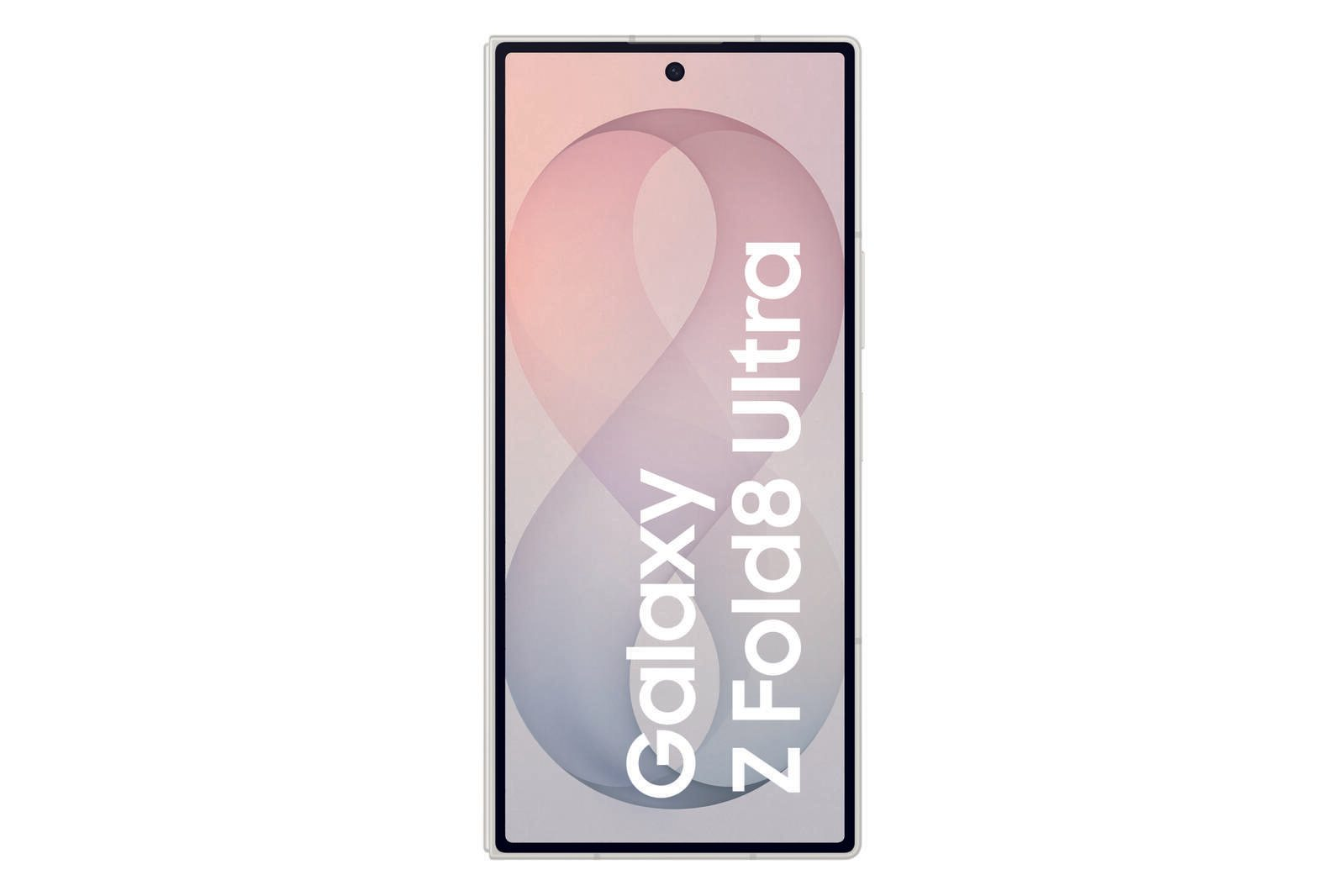 Un smartphone blanco con fondo abstracto rosa suave y texto 'Galaxy Z Fold8 Ultra' en la pantalla.