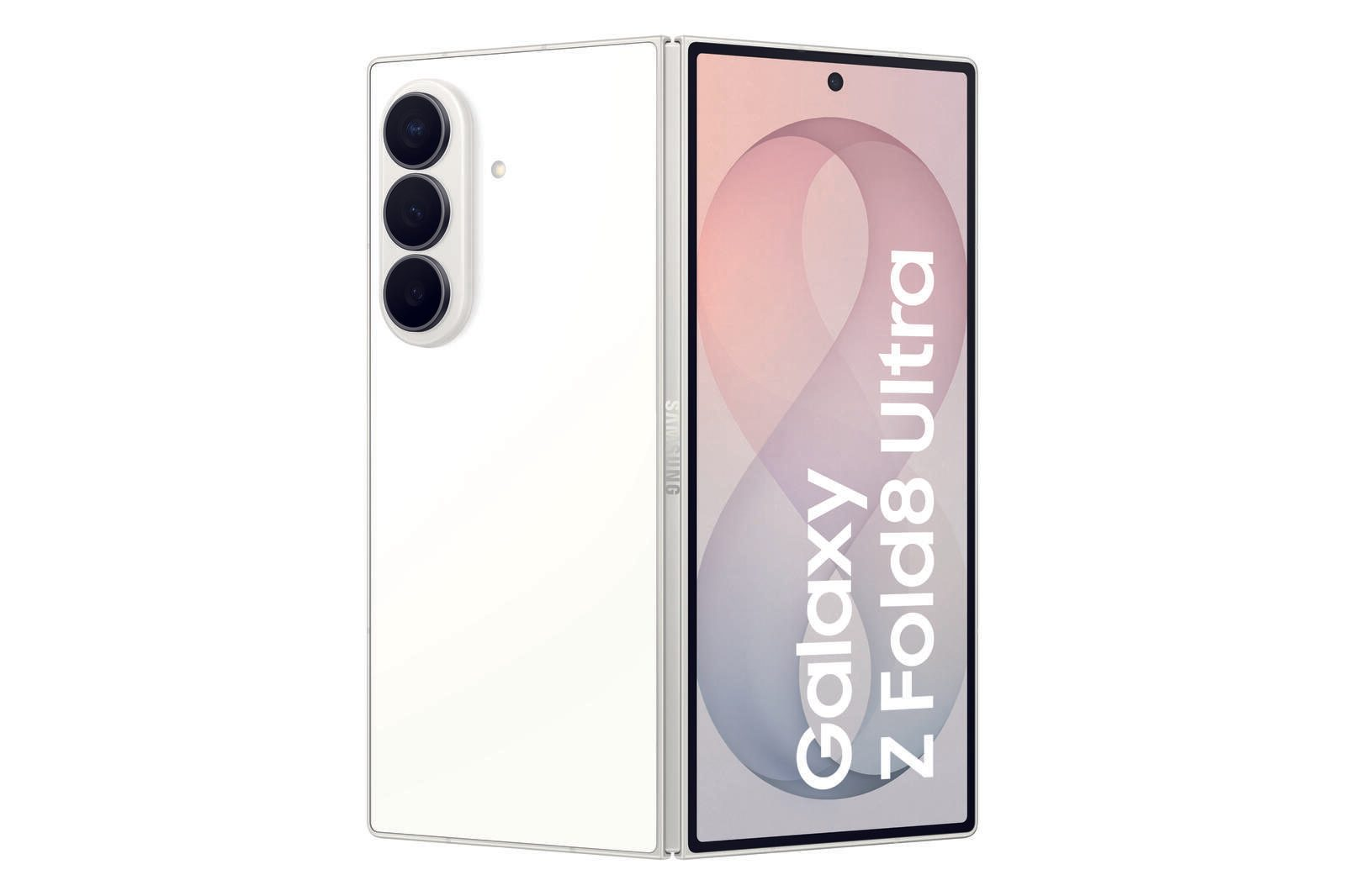 Smartphone plegable Samsung Galaxy Z Fold8 Ultra blanco con tres cámaras traseras y pantalla marcada sobre fondo blanco.