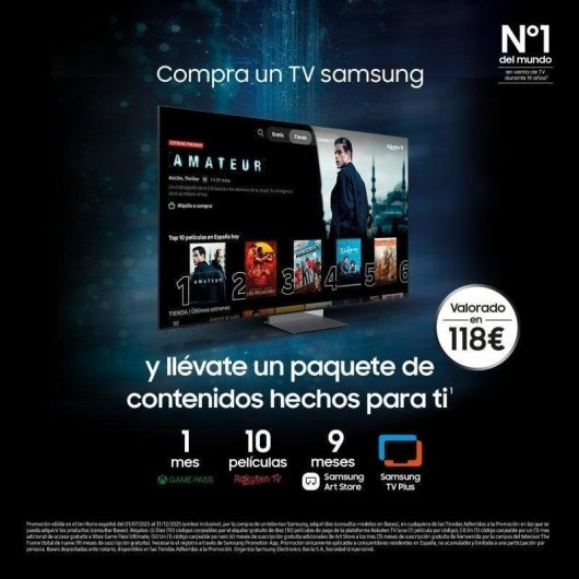 Pubblicità di TV Samsung con pacchetti di contenuti come Game Pass e Rakuten TV.