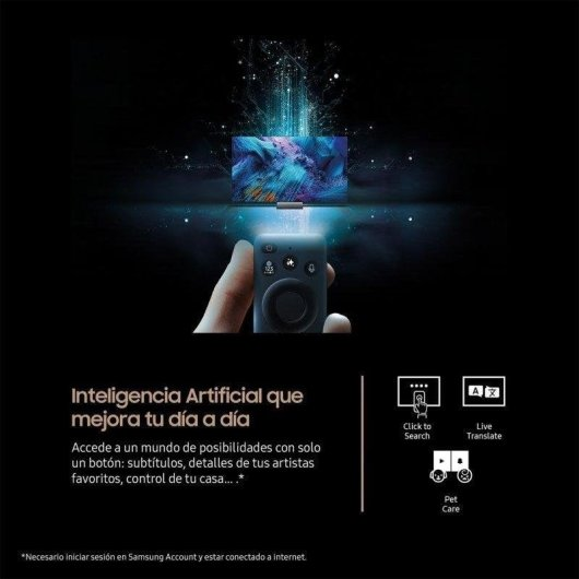 Una mano tiene un telecomando puntato verso una TV con IA su sfondo scuro.