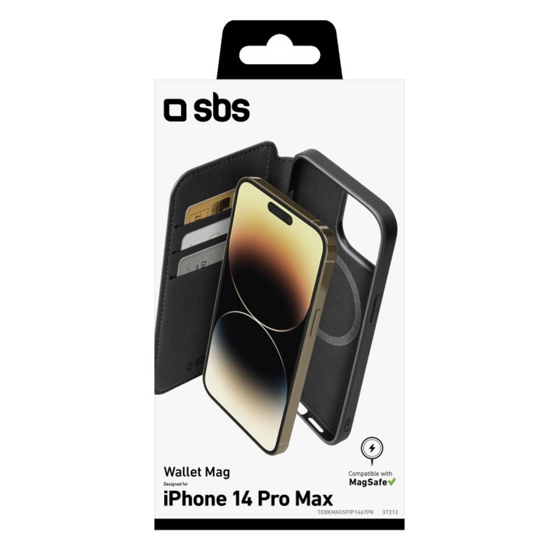 Custodia Wallet Mag SBS per iPhone 14 Pro Max in confezione, con custodia nera porta carte e uno smartphone.