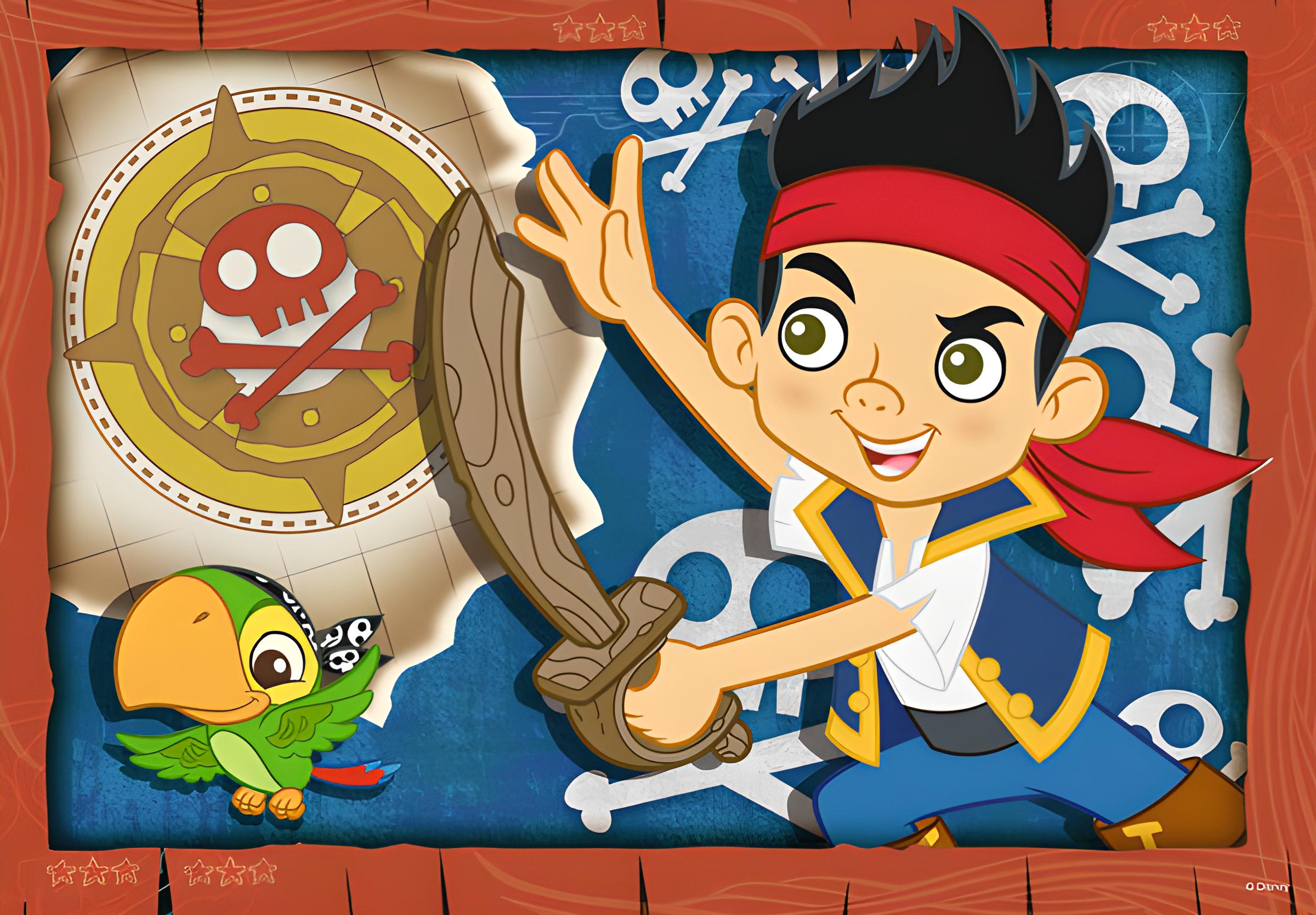 Animierter Piratenjunge mit Holzschwert, grünem Papagei und Schatzkarte im Hintergrund.