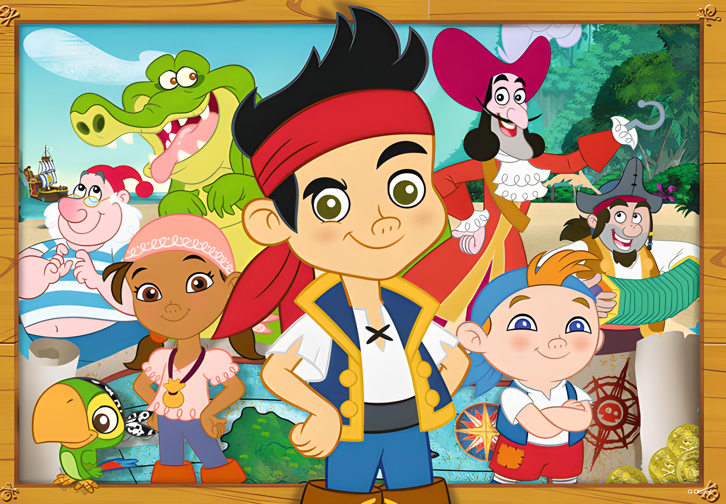 Animierte Piratenfiguren mit Jake, Freunden, einem grünen Krokodil und Kapitän Hook vor einer Landkarte.