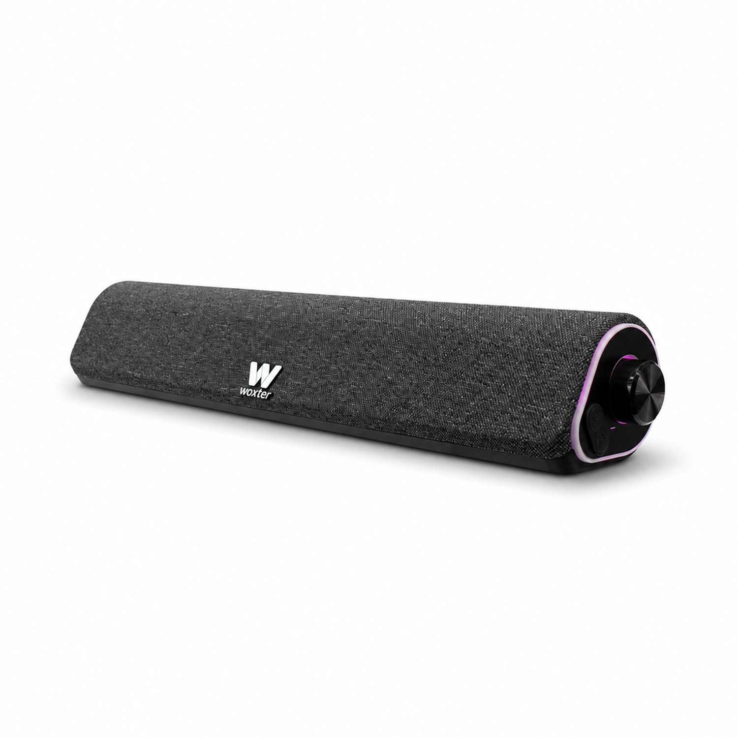 Una barra de sonido Woxter negra con malla de tela, un control de volumen redondo y luz sutil.