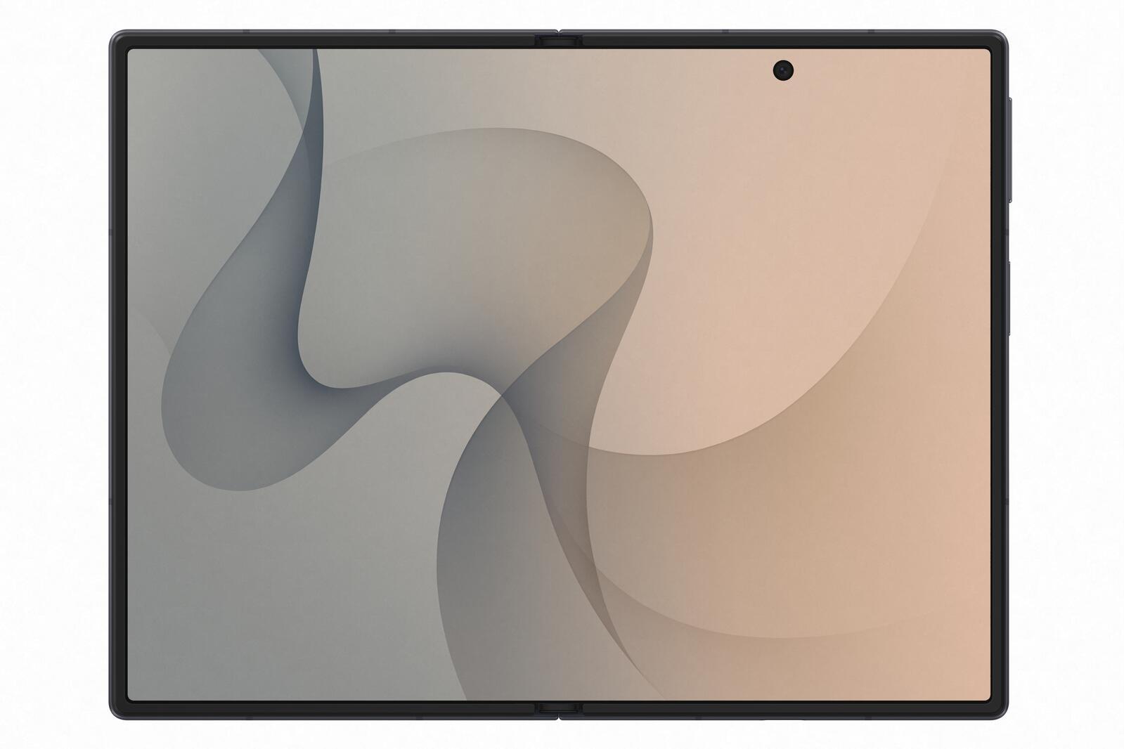 Un tablet pieghevole con cornici sottili e uno sfondo astratto ondulato nei toni del beige e del grigio.