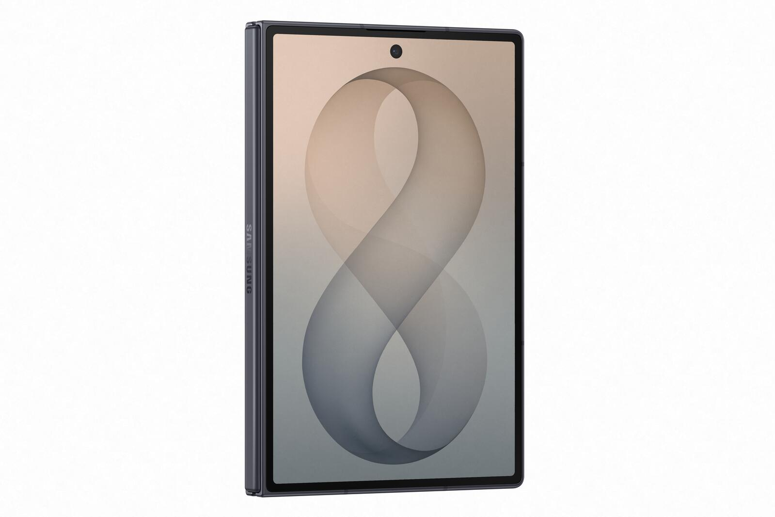 Uno smartphone pieghevole con cornice scura e motivo di sabbia astratto sullo schermo su sfondo bianco.