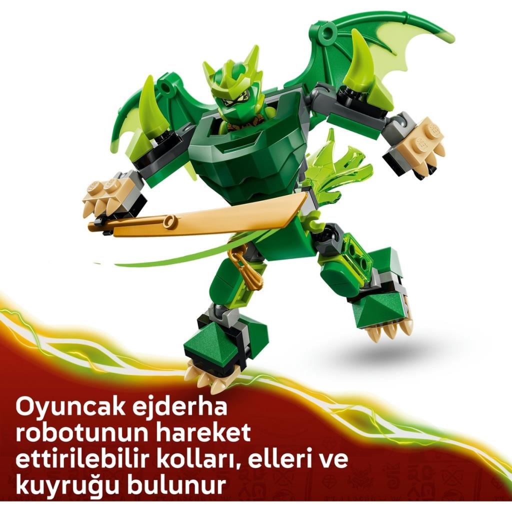 Un robot dragón de Lego verde con alas y una espada dorada.