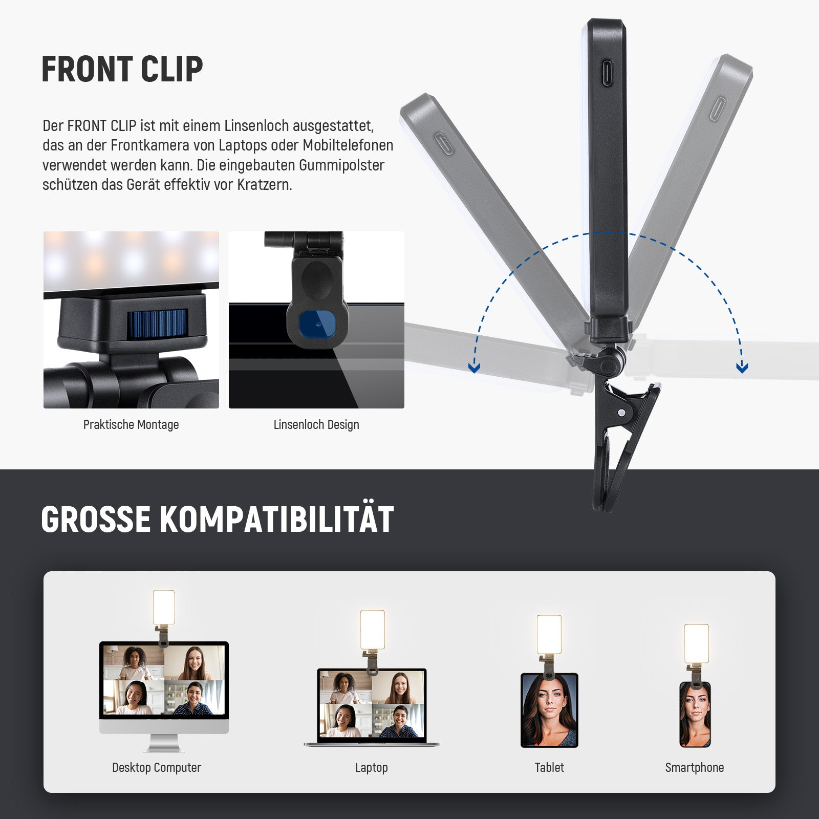 Diagramm zeigt den Front-Clip einer LED-Leuchte mit Verstellwinkel und Kompatibilität für Computer, Laptops, Tablets.