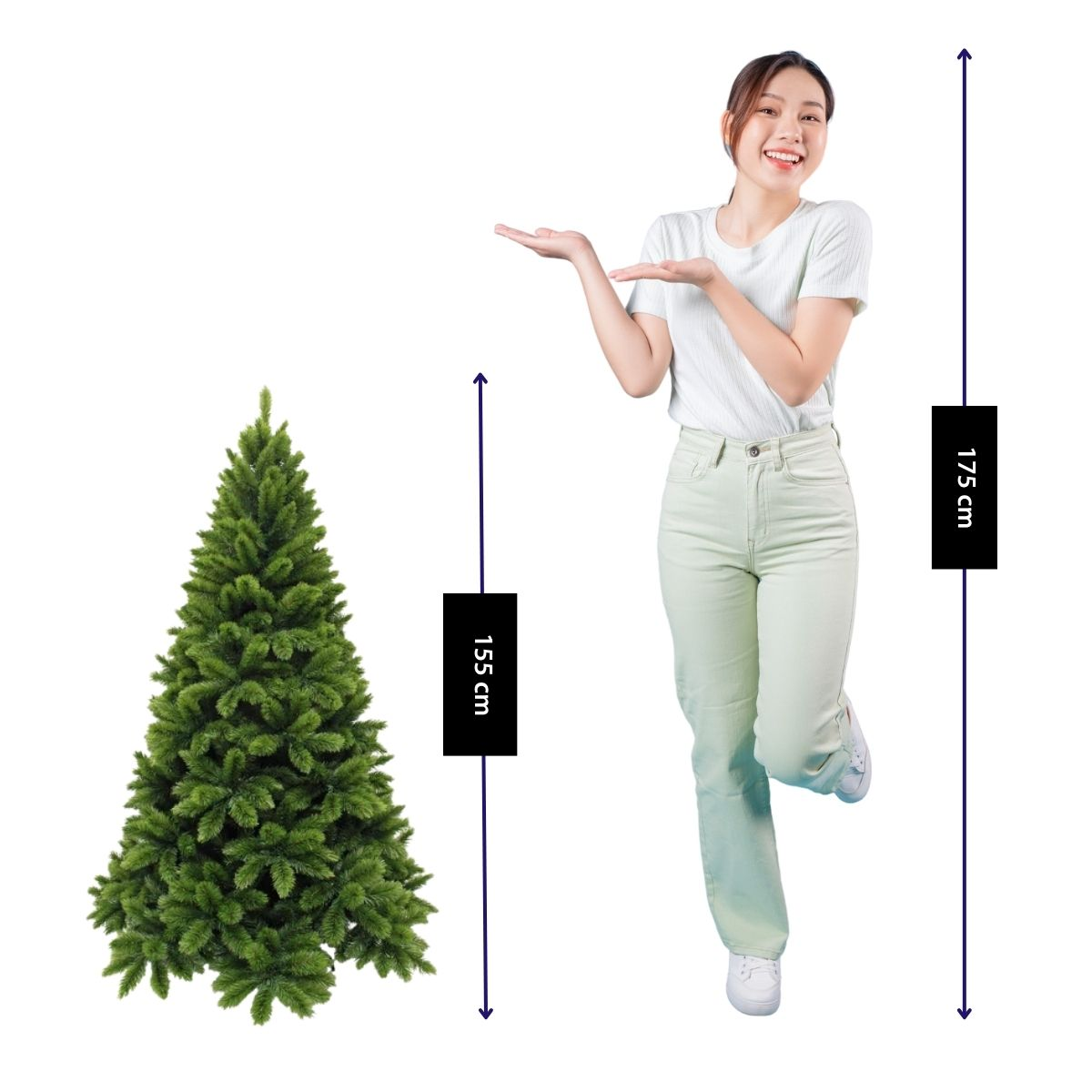 A woman gestures toward an artificial Christmas tree next to height measurement arrows showing 155 cm and 175 cm.