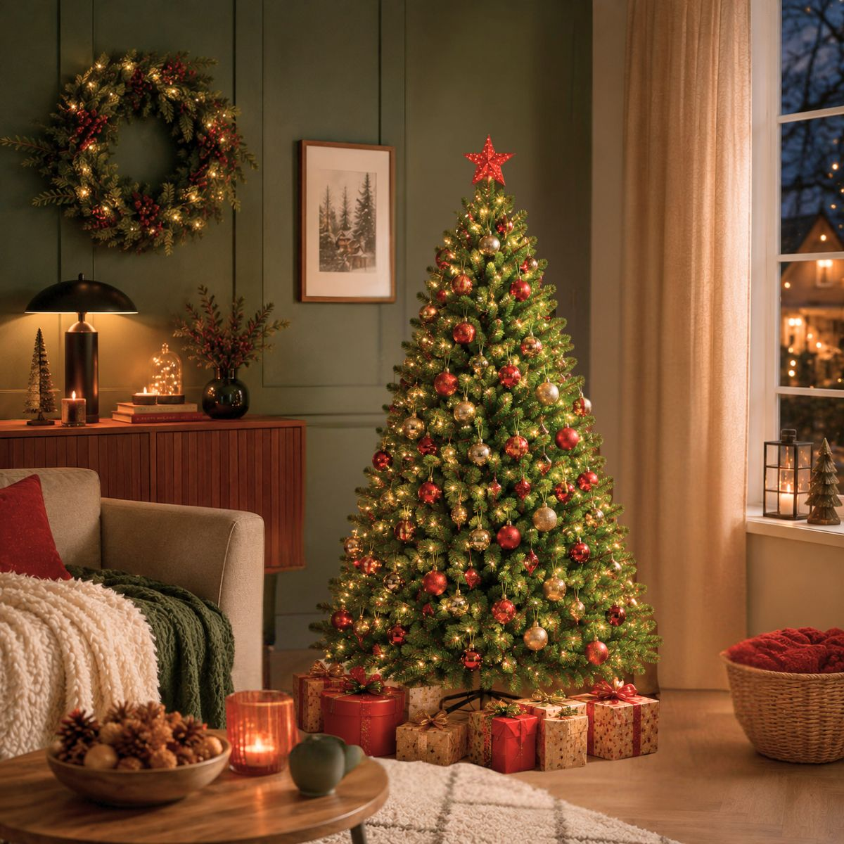 A decorated Christmas tree with red and gold baubles, lights, and a red star topper in a cozy living room.