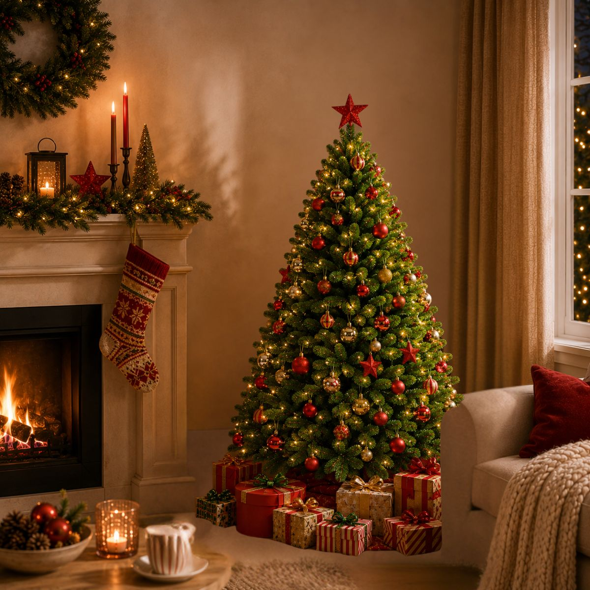 A decorated Christmas tree sits beside a lit fireplace with gifts below, a wreath, and a sofa.