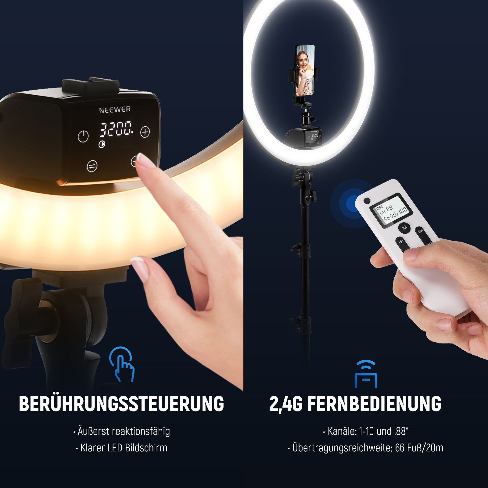 Ringlicht mit Touch-Bedienung links und weißer Fernbedienung rechts gegen dunklen Hintergrund.