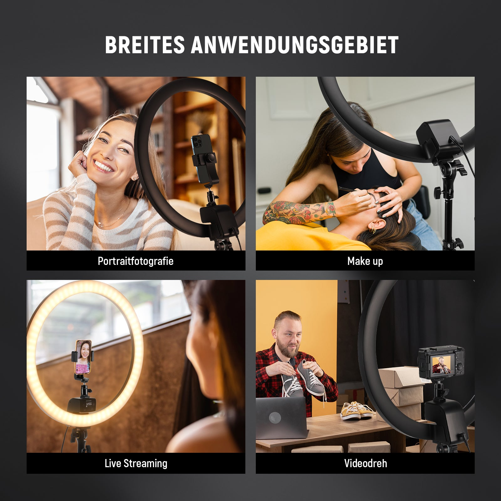 Vier Bilder zeigen Ringlicht-Anwendungen: Porträt, Make-up, Live-Streaming und Videoaufnahme.