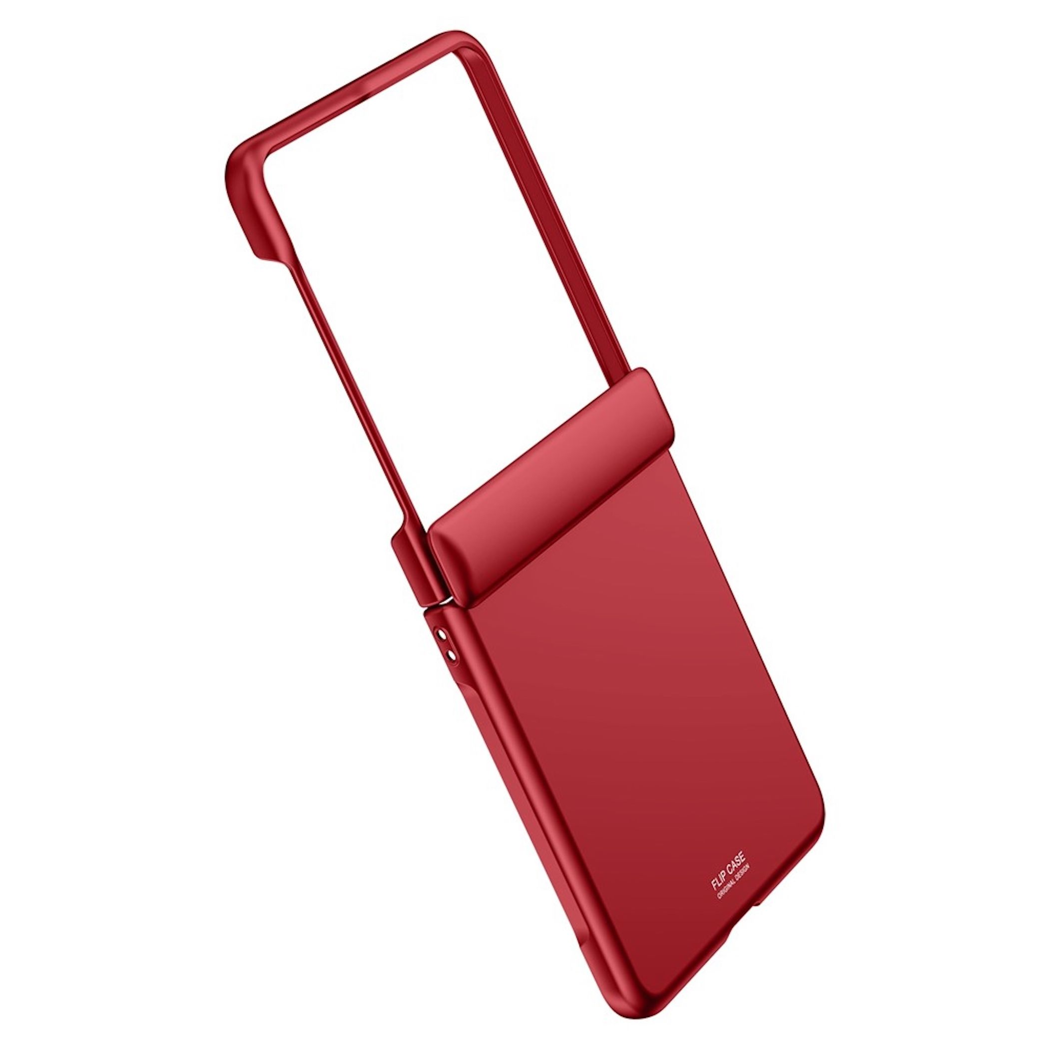 Eine elegante, leuchtend rote Klapp-Handyhülle, die geöffnet vor einem weißen Hintergrund gezeigt wird.