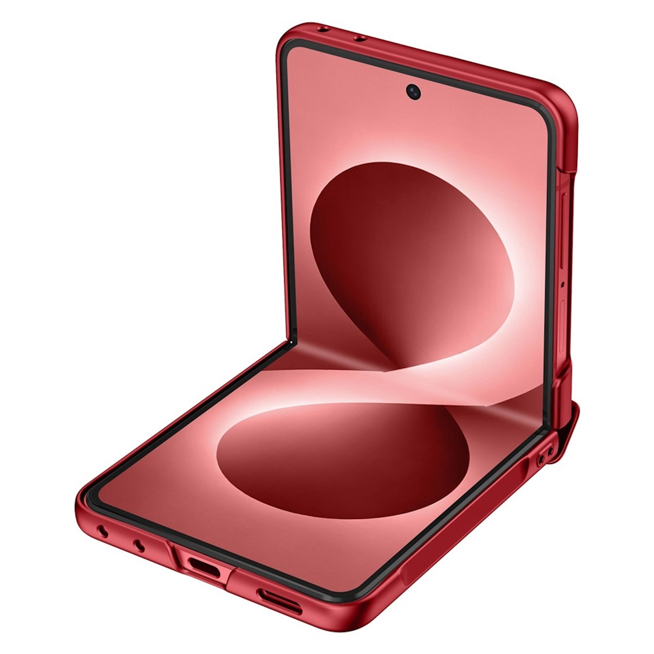 Ein rotes Klapphandy mit biegsamem Display auf weißem Hintergrund.