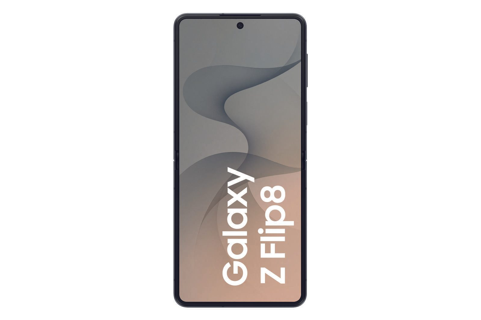 Pionowy ekran smartfona Samsung Galaxy Z Flip8 wyświetla wzory fal i biały tekst.