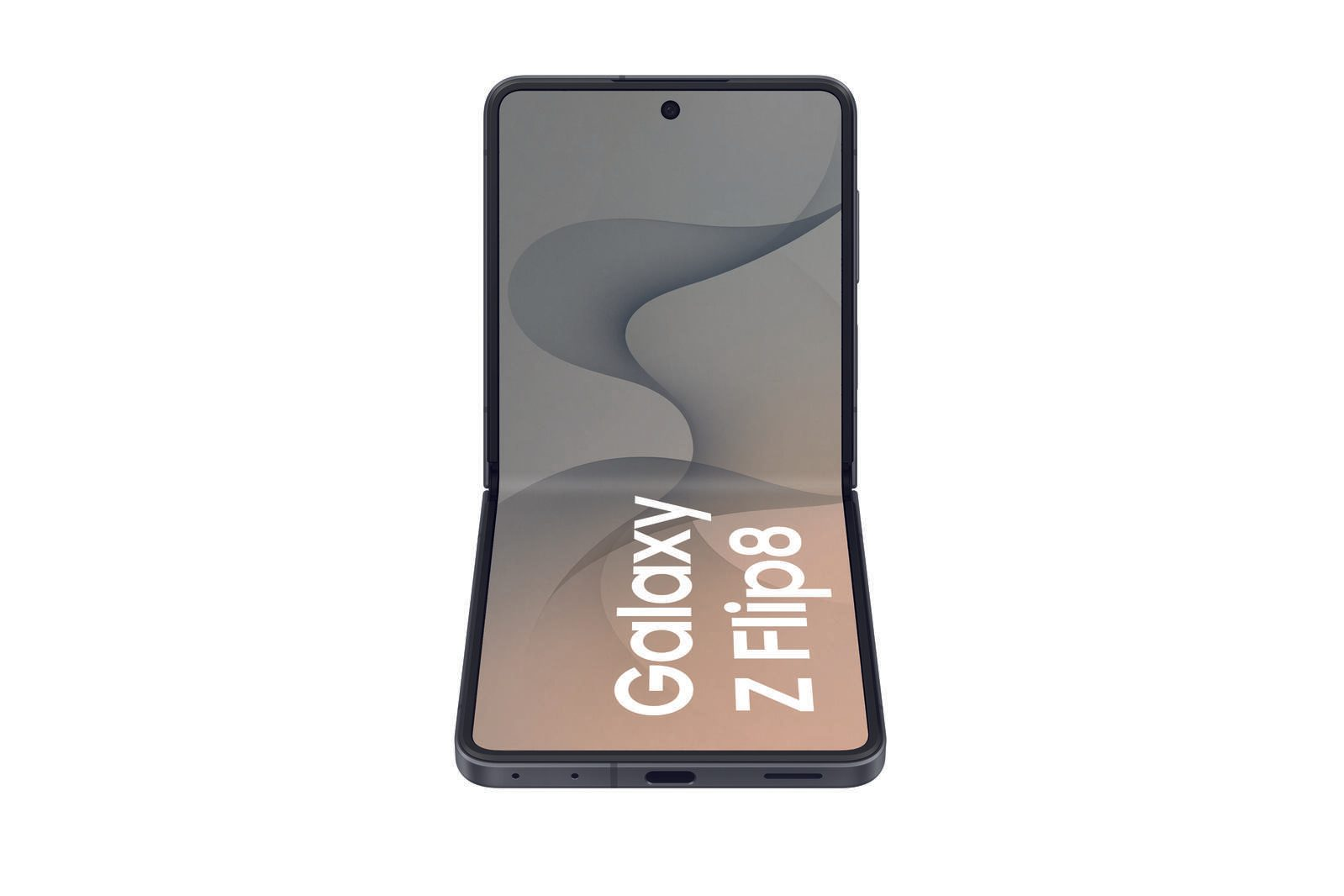 Rozłożony smartfon Galaxy Z Flip8 na białym tle z napisem Galaxy Z Flip8 na ekranie.