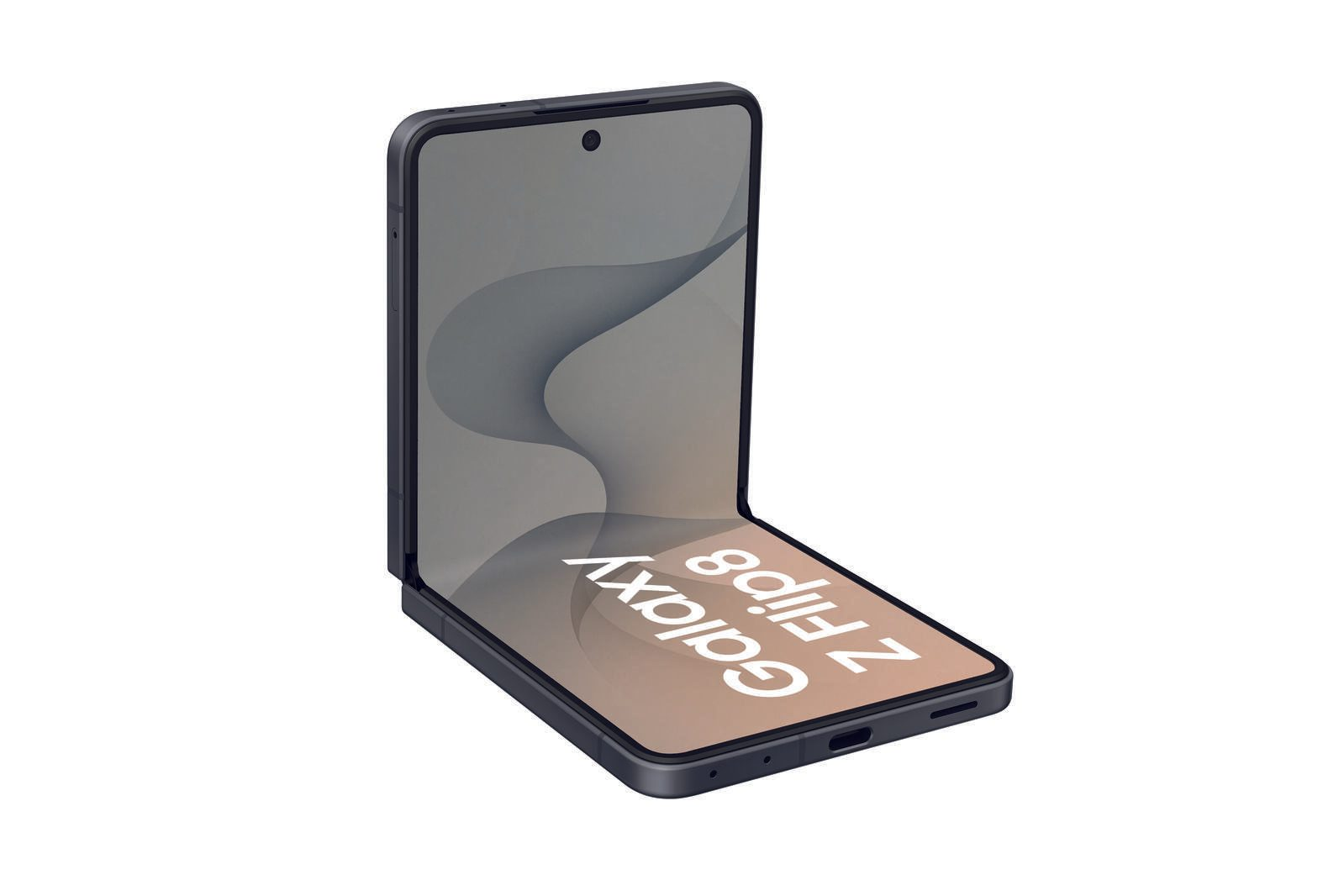 Szary smartfon Samsung Galaxy Z Flip, częściowo złożony, na białym tle.