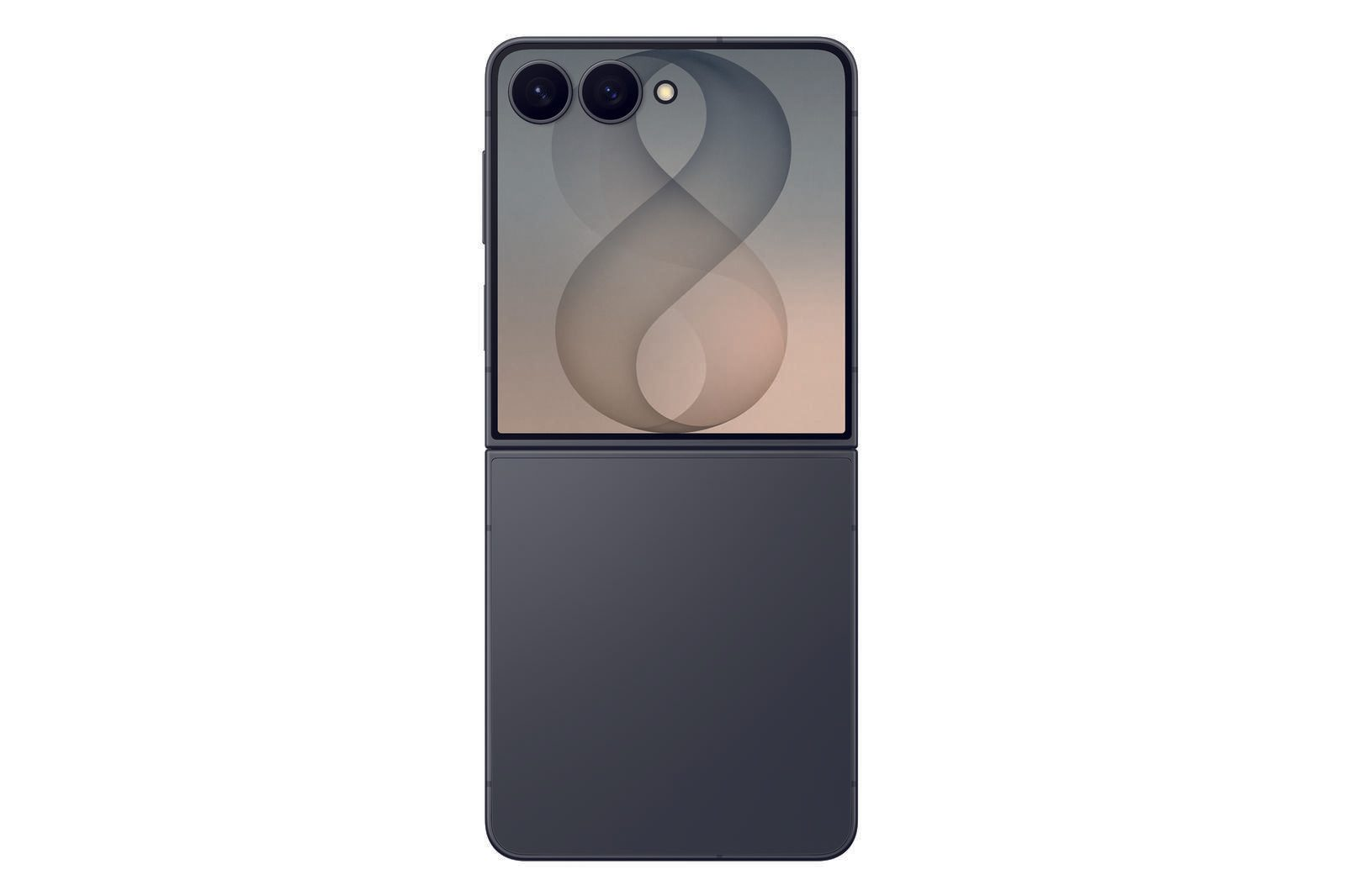 Czarny składany smartfon jest pokazany zamknięty od tyłu, z dwoma aparatami i abstrakcyjną tapetą.