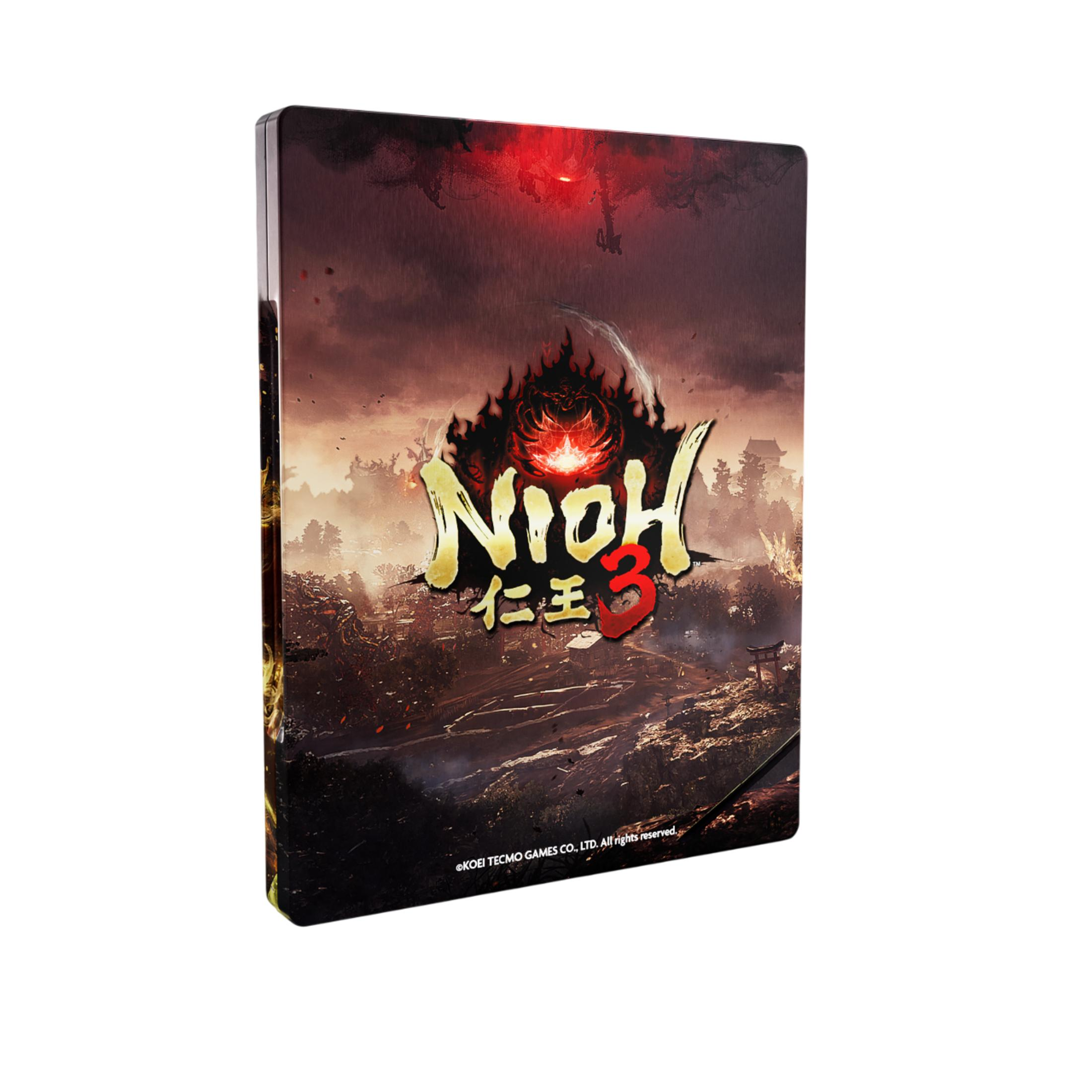 Karanlık ve sisli bir samuray manzarasının üzerinde ateşli kırmızı bir logo bulunan Nioh 3 steelbook kutusu.