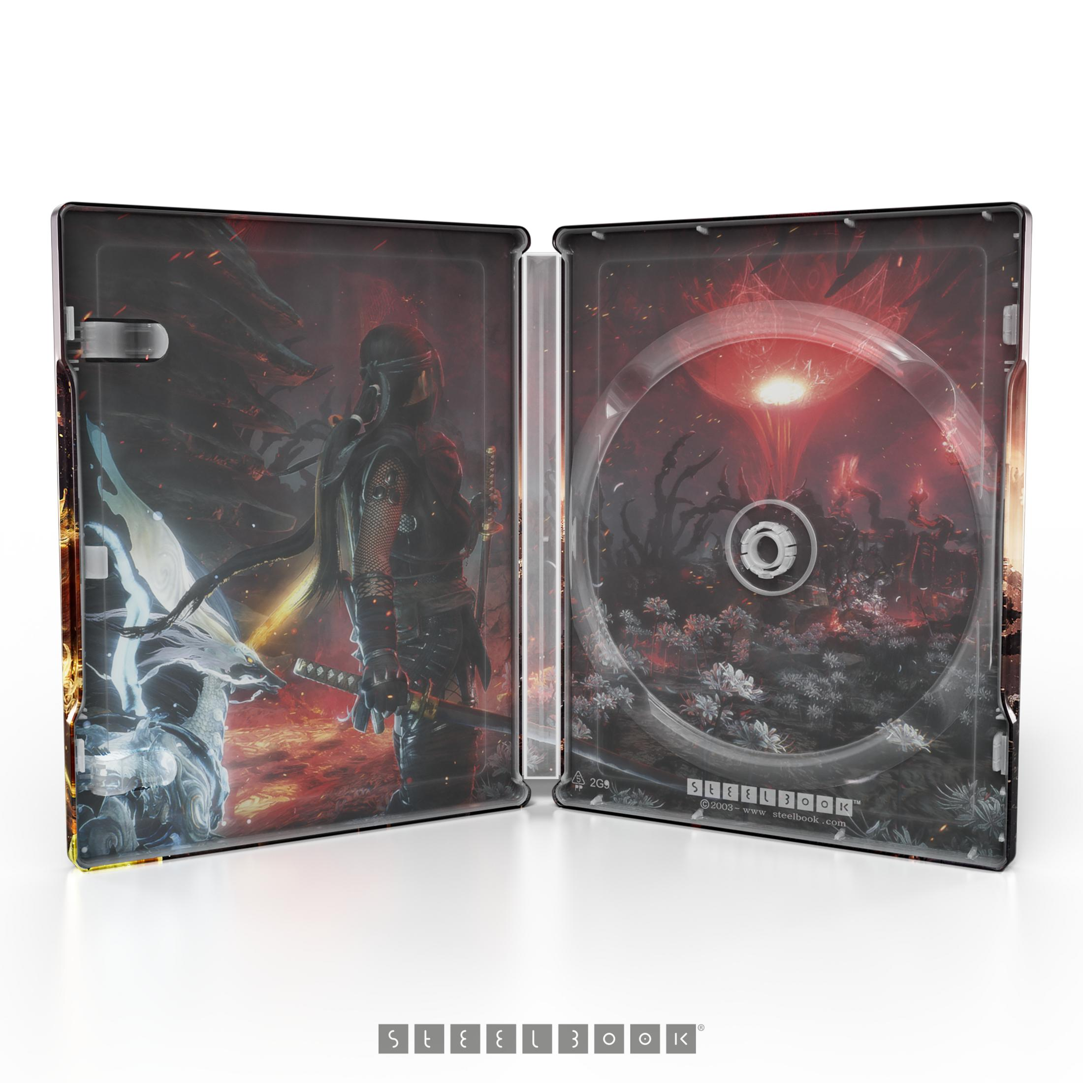 Bir ninja ve parlayan bir manzarayı gösteren kırmızı çizimli açık Steelbook kutusu.
