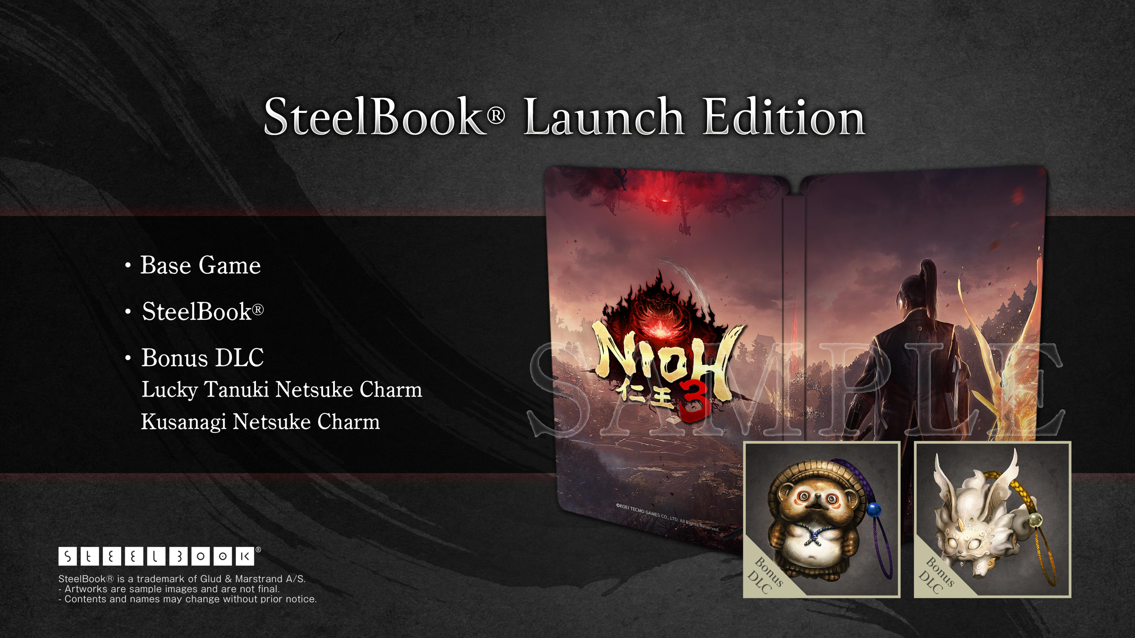 Gri arka planda ana oyun, SteelBook ve bonus DLC tılsımlarıyla Nioh 3 SteelBook Lansman Sürümü.