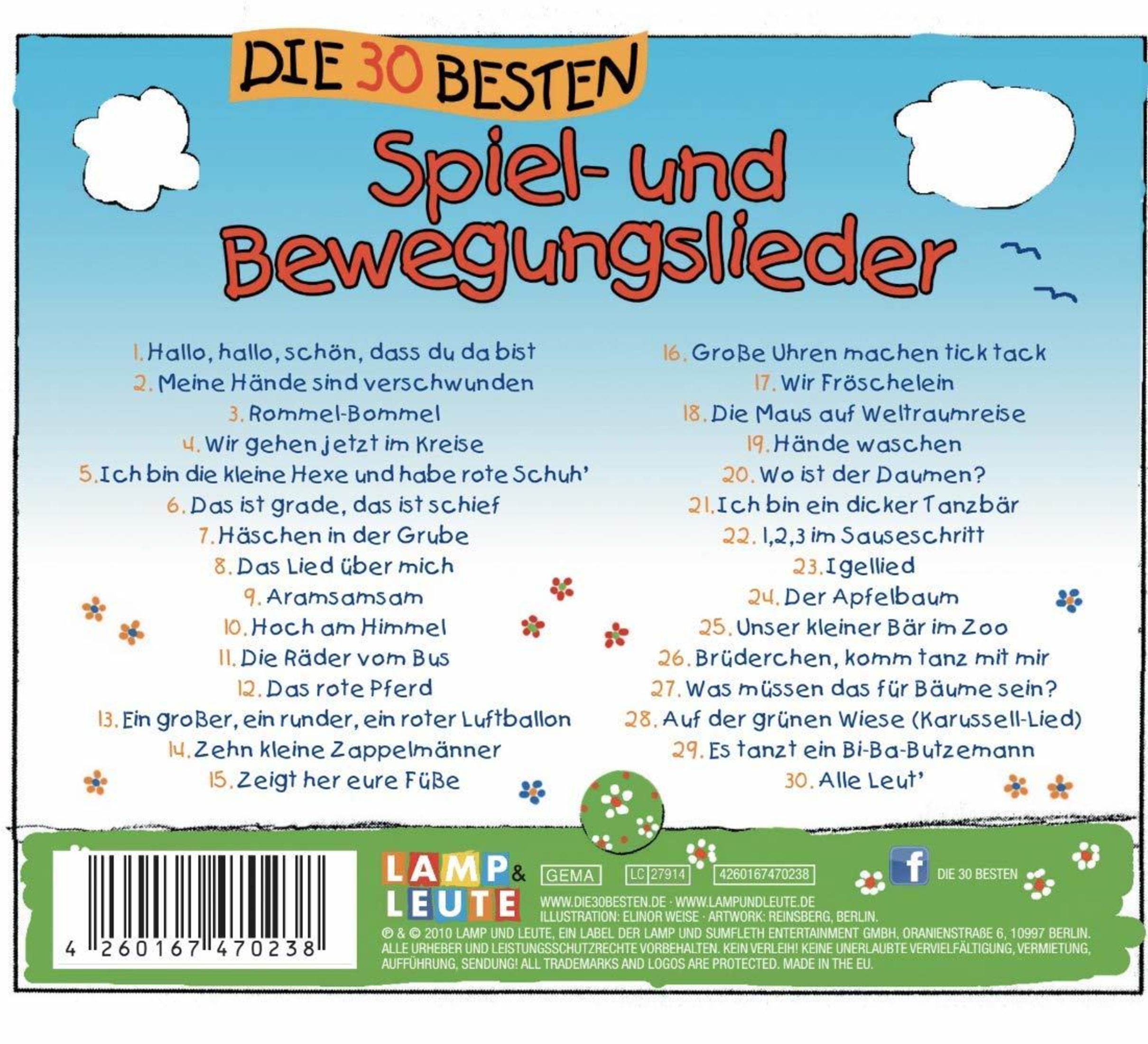 Rückseite einer CD-Hülle mit blauer Wolkentapete, roter Schrift und einer Liste von dreißig Liedern.