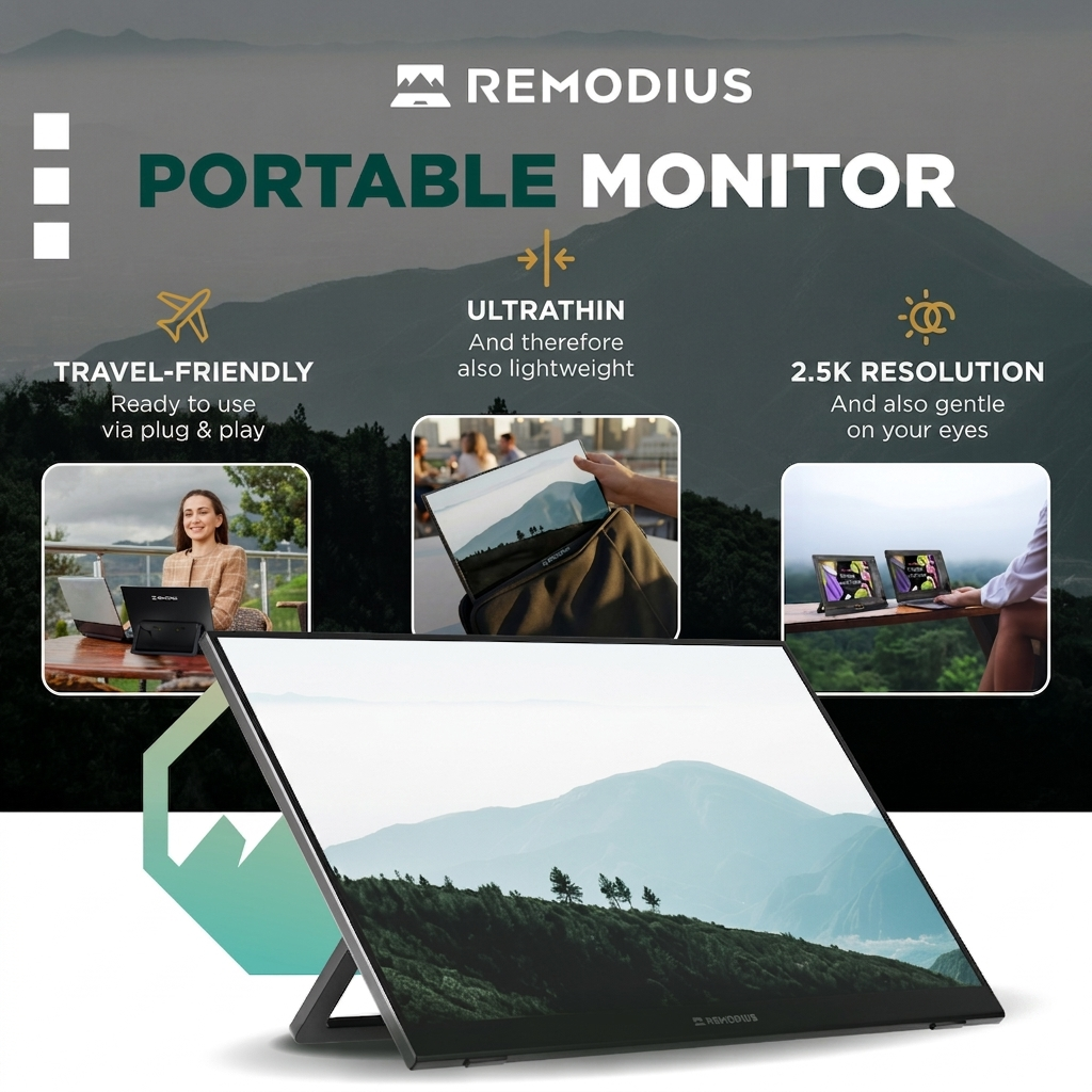Pubblicità di un monitor portatile Remodius con design sottile e risoluzione 2.5K davanti alle montagne.