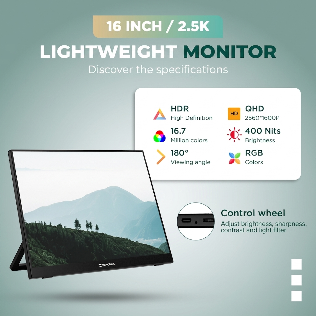 Un monitor leggero da 16 pollici con scheda tecnica e rotellina di controllo su sfondo verde.