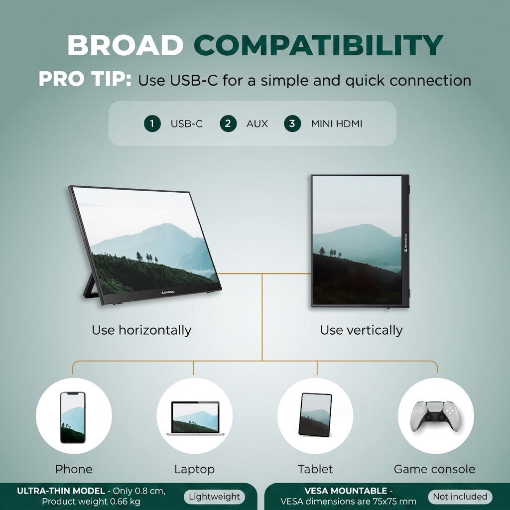 L'infografica mostra la compatibilità del monitor per uso orizzontale/verticale con telefono, laptop, tablet, console.