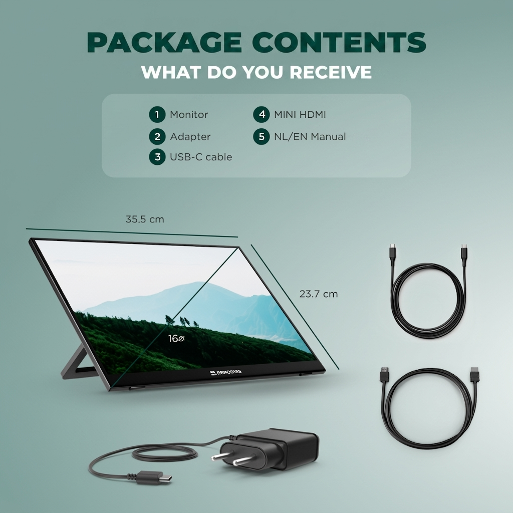 Contenuto della confezione di un monitor da 16 pollici con adattatore, cavo USB-C, cavo mini HDMI e manuale.