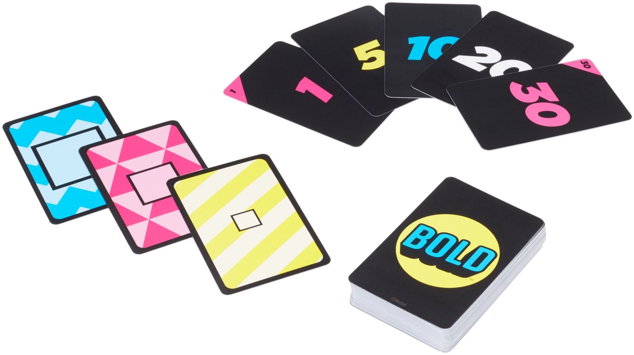 Bold Kartenspiel mit schwarzen und bunten gemusterten Karten, Zahlen und einem Stapel mit BOLD-Logo.