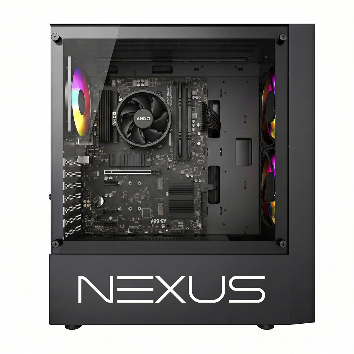 Case per PC nero con pannello laterale in vetro, scheda madre, dissipatore e ventole RGB.