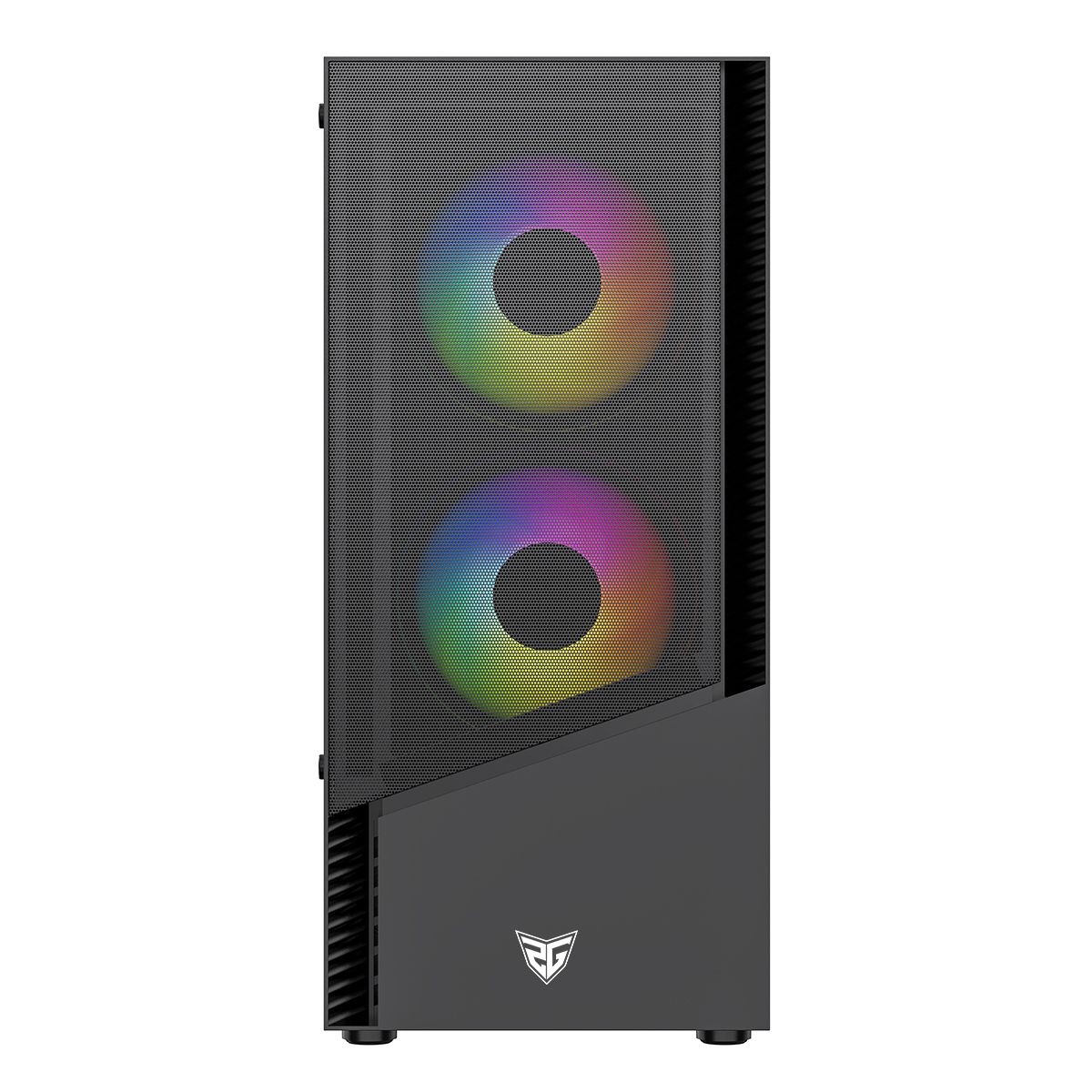 Case per PC nero con pannello frontale in rete e due ventole RGB illuminate.