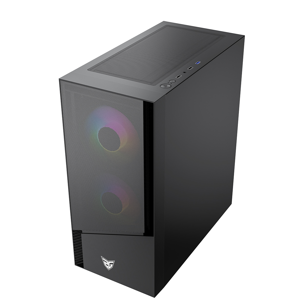 Un case per PC nero con pannello frontale in rete e ventole RGB, vista dall'alto.