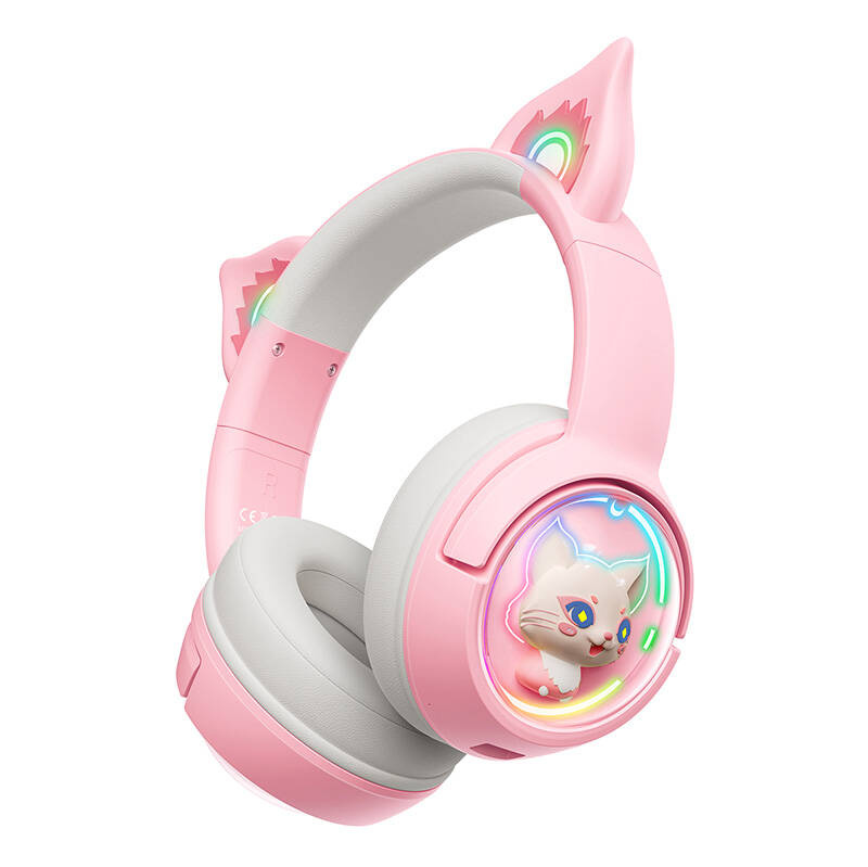 Cuffie rosa con orecchie da gatto e disegni di gattini luminosi sui padiglioni su sfondo bianco.