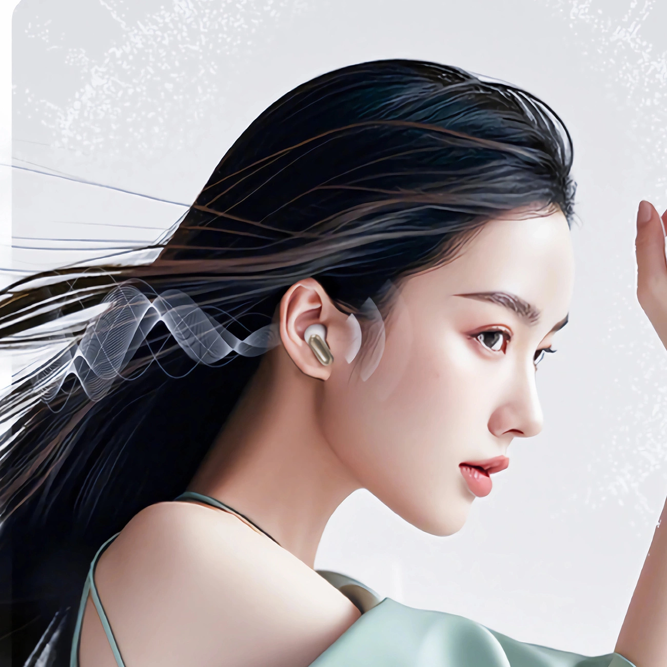 Una donna con i capelli scuri indossa piccoli auricolari mentre le onde sonore sono visualizzate.