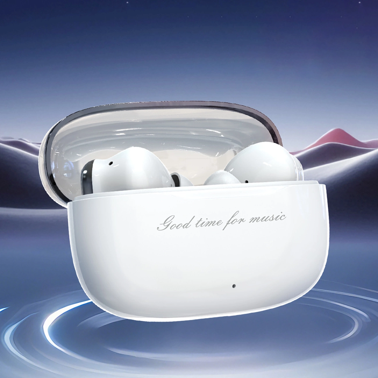 Auricolari bianchi in custodia con scritta Good time for music su paesaggio surreale.