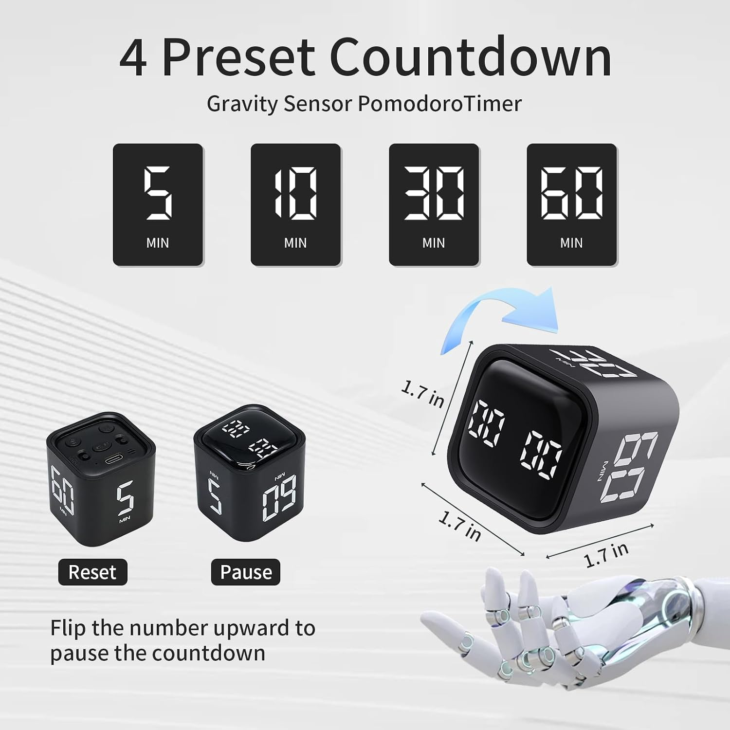 Ein schwarzer, würfelförmiger Schwerkraftsensor-Countdown-Timer mit 5, 10, 30 und 60 Minuten Voreinstellungen.