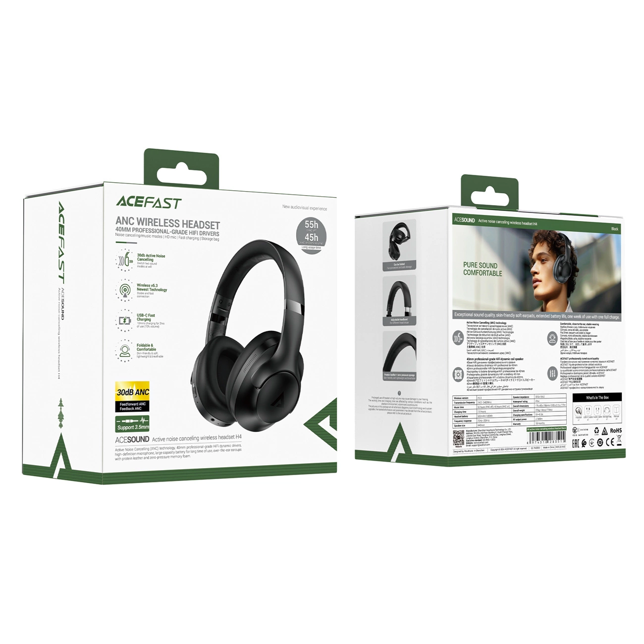 Due viste di una scatola bianca e verde per cuffie wireless Acefast ANC, che mostrano caratteristiche e cuffie nere.