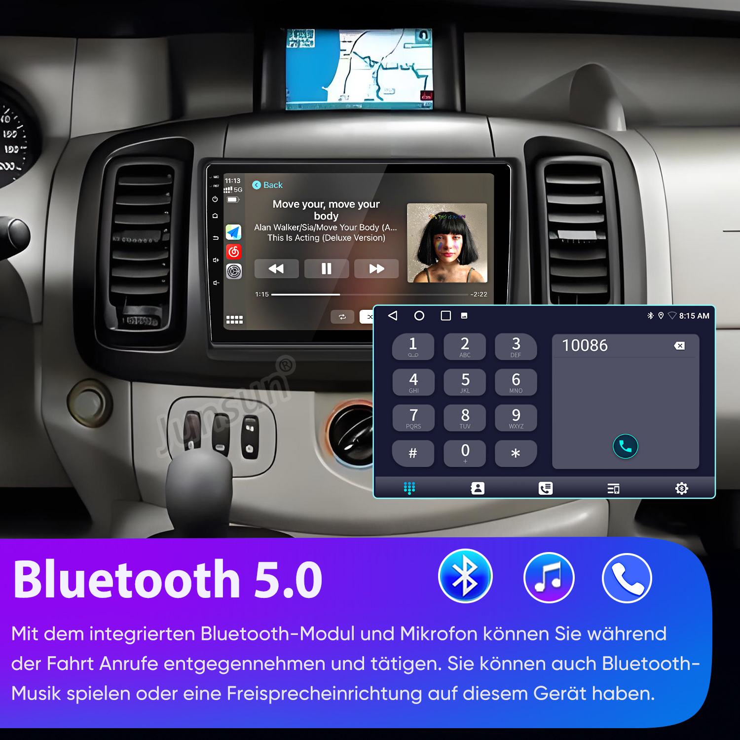 Ein Auto-Armaturenbrett mit einem digitalen Infotainment-Bildschirm, der Musik und ein Tastenfeld anzeigt.