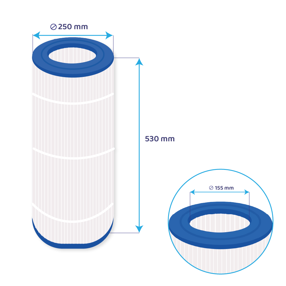 Diagramm eines zylindrischen weißen Filters mit blauen Kappen und Bemaßungen.