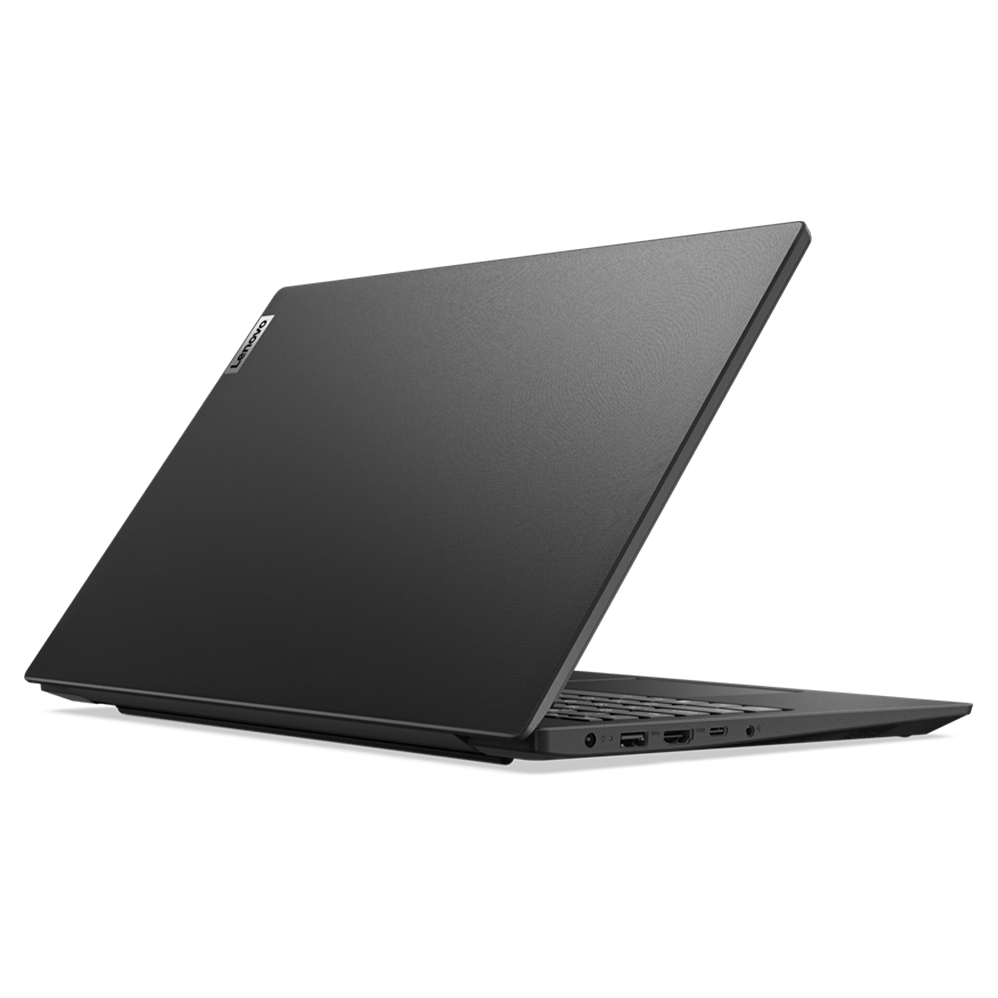 Beyaz bir yüzeyde duran, markası ve bağlantı noktaları görünen kapalı siyah Lenovo dizüstü bilgisayar.