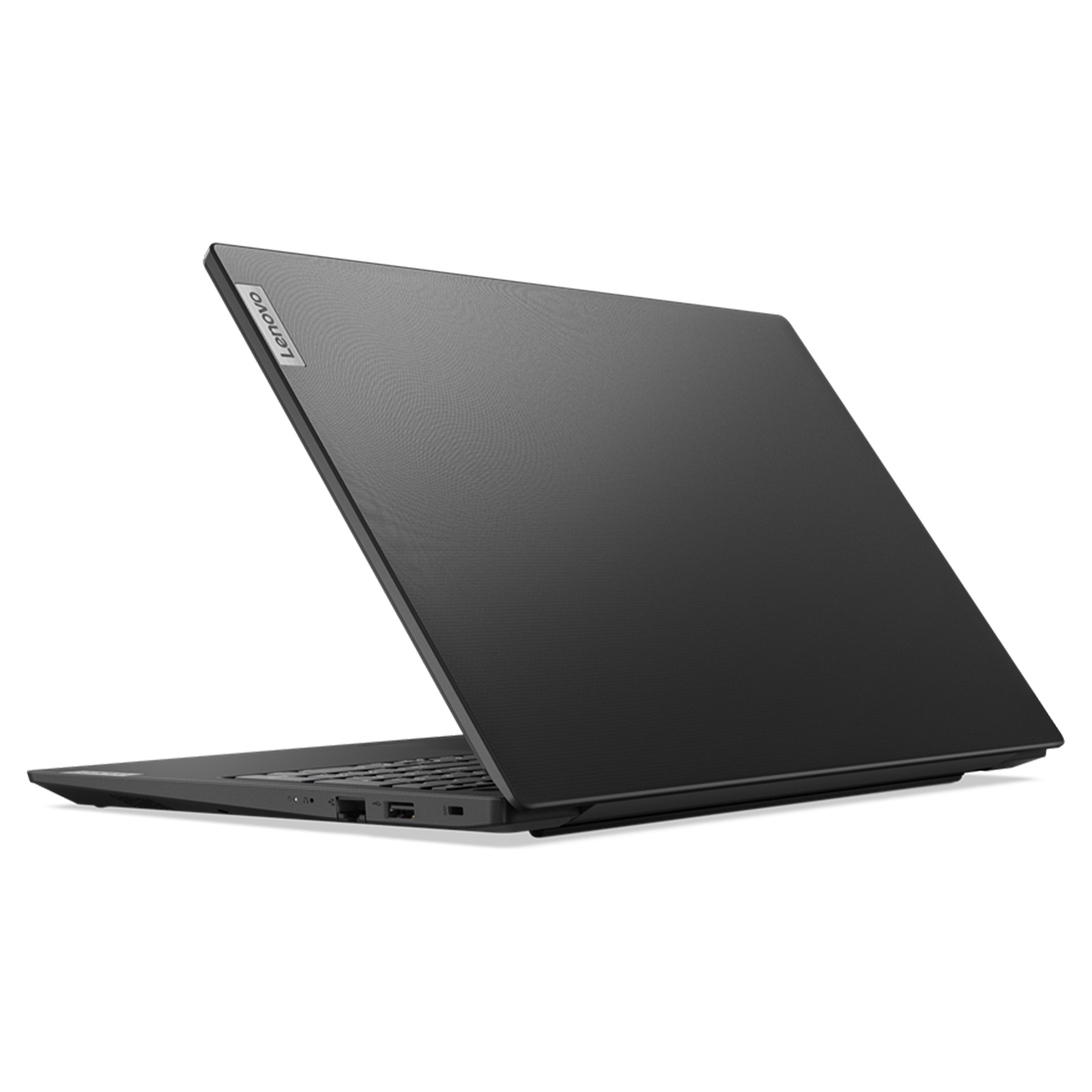 Kapalı siyah bir Lenovo dizüstü bilgisayar, logosu görünür şekilde beyaz bir yüzeyde duruyor.