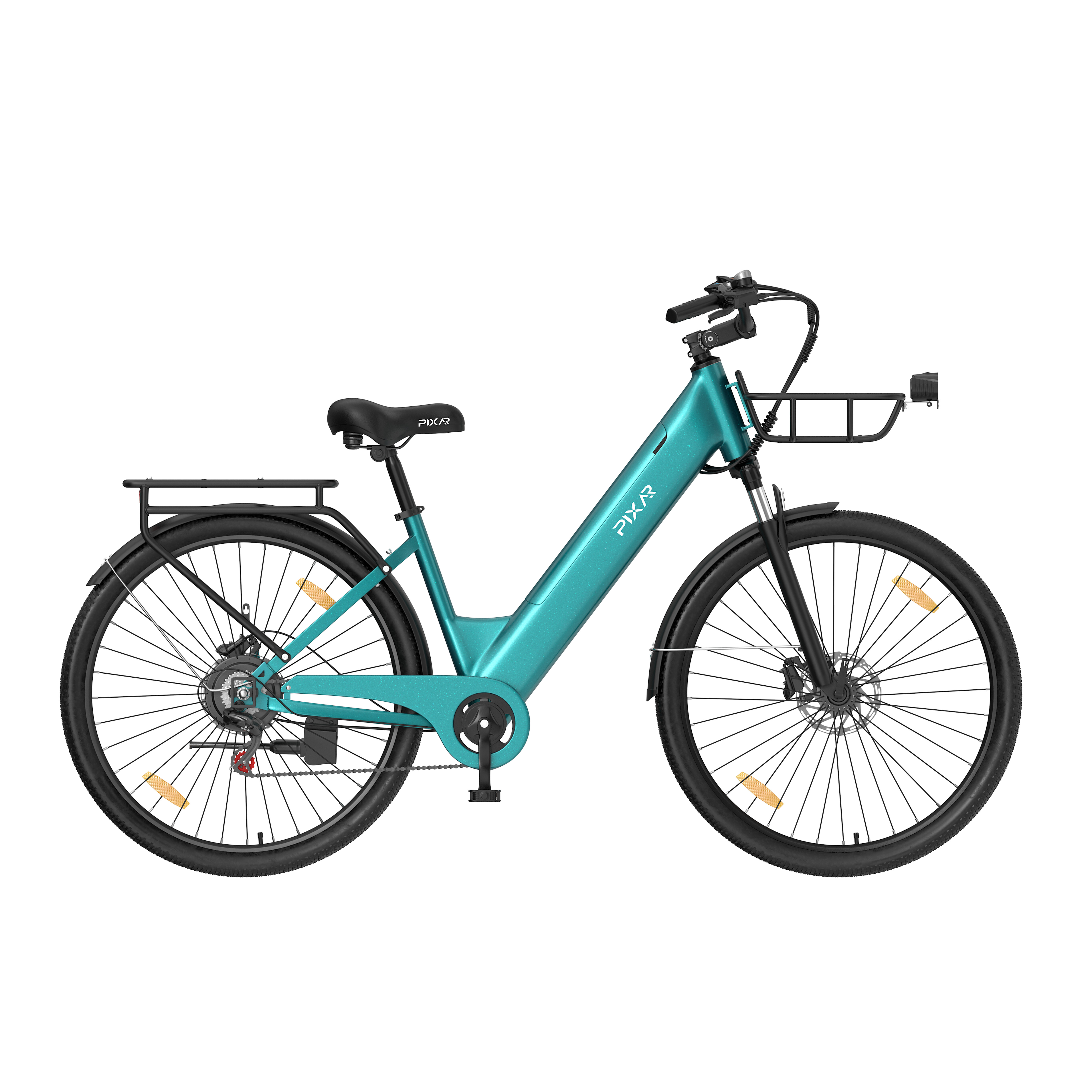 Ein türkisfarbenes Elektrofahrrad mit schwarzem Lenker, Frontkorb und Gepäckträger vor weißem Hintergrund.